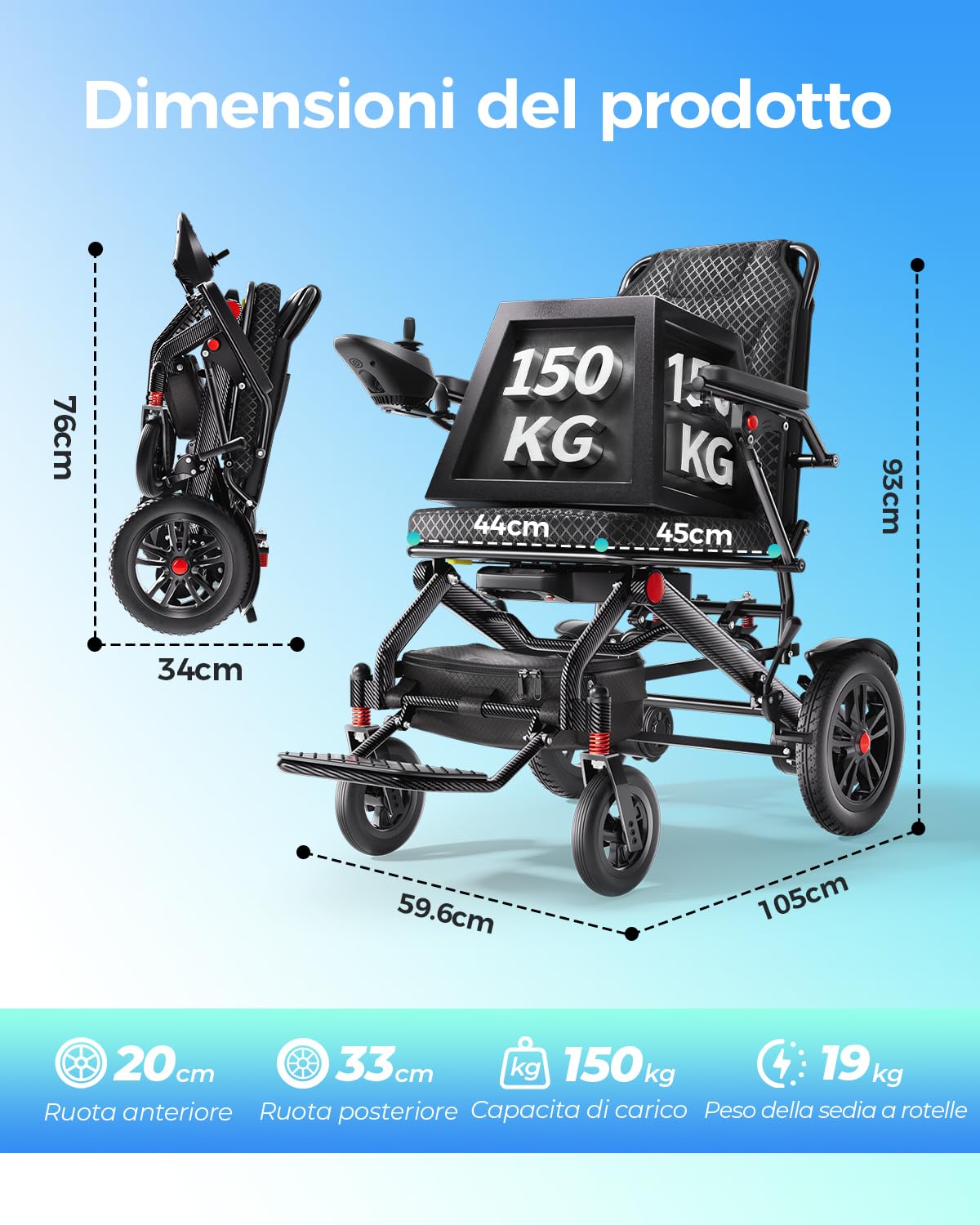 Ultra Leggera Sedia a Rotelle Elettrica Pieghevole per Disabili | Portata 150 kg per esterni, Garanzia di 1 anno, autonomia 25 km, batteria al litio da 20Ah ad alta capacità