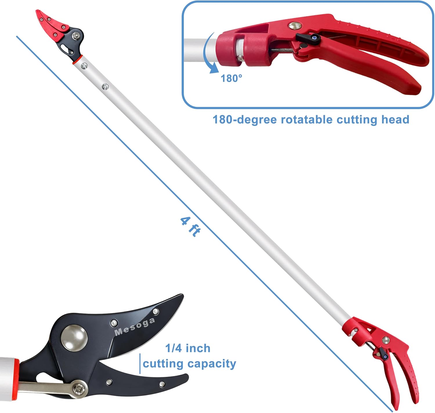 Tree Pruner, 4 FT Long Reach Pruner with SK5 Steel Blade, Aluminum Pole Tree Trimmer, Fruit Picking Tool, Cut and Hold, Bypass Pruner