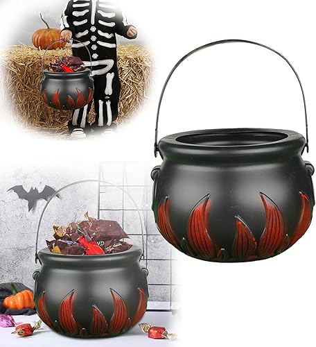 Miniatura 1 de Caldero de caramelo de bruja de Halloween, caldero de plástico negro de mano, soporte para dulces de Halloween, barril de llama, olla con asa para