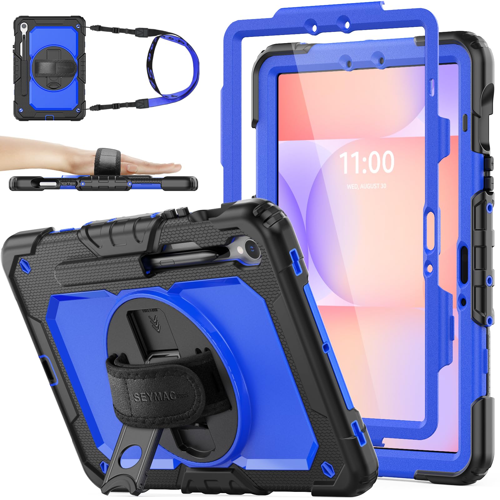 SEYMAC stock Case for Samsung Galaxy Tab S10 Lite/ S10 FE/ S9 FE 10.9 inch/ S9 11 inch, Full-body Shockproof with Screen Protector, 360° Rotating Stand/Hand Strap, Pen Holder & Shoulder Strap, Blue