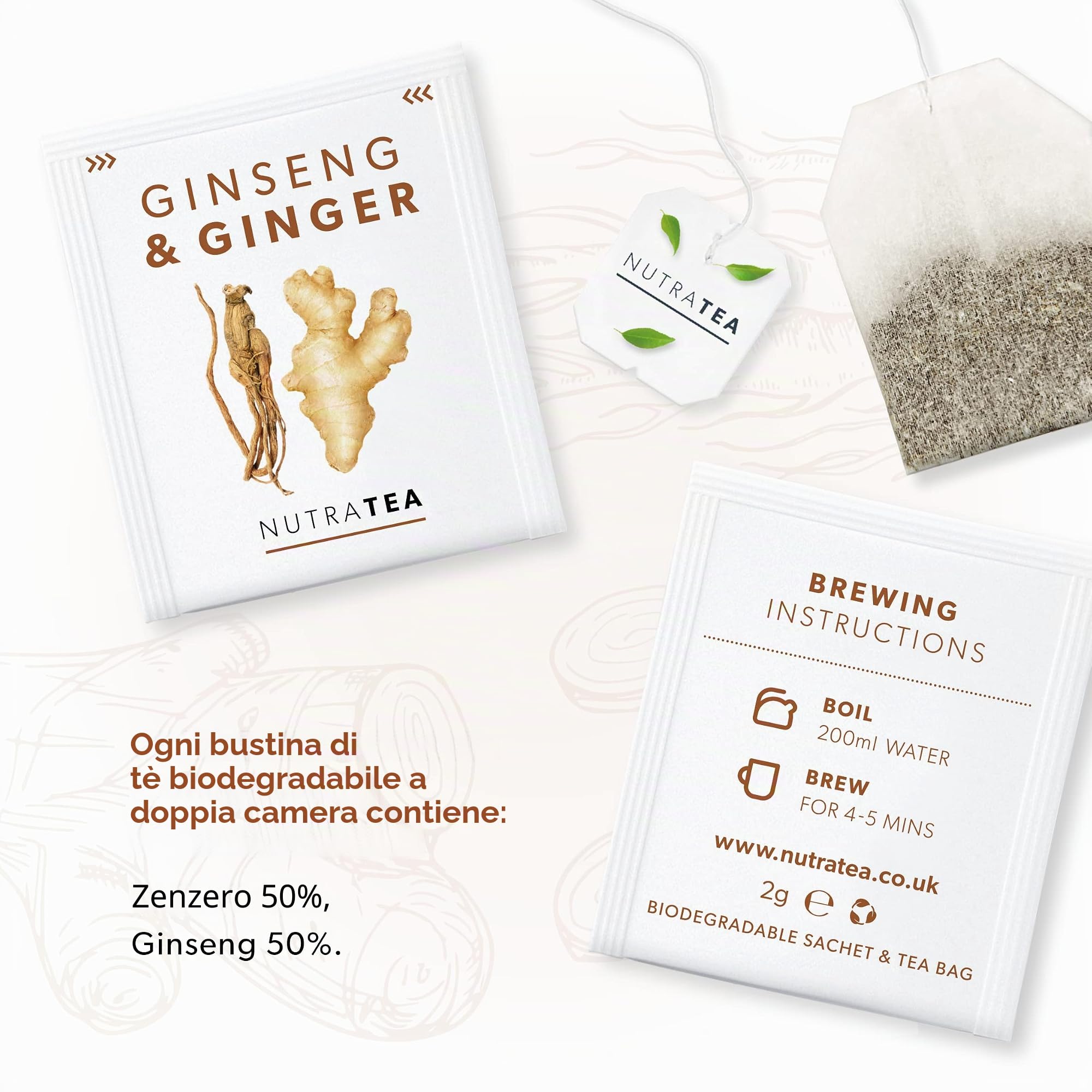 NUTRATEA Tisana Zenzero e Ginseng - Con 2 Grammi di Ingredienti attivi in ogni bustina - Gluten Free, 20 Bustine Riutilizzabili
