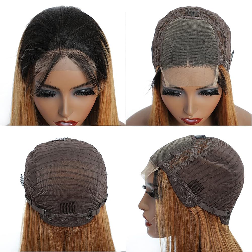 Straight Human Hair Wig 4X4 Lace Menschliches Haar Perücke Damen Echthaar Glueless Wear and Go Pre Plucked with Baby Hair Low Shedding Ombre Blonde 1b427 for Women 18 Inch