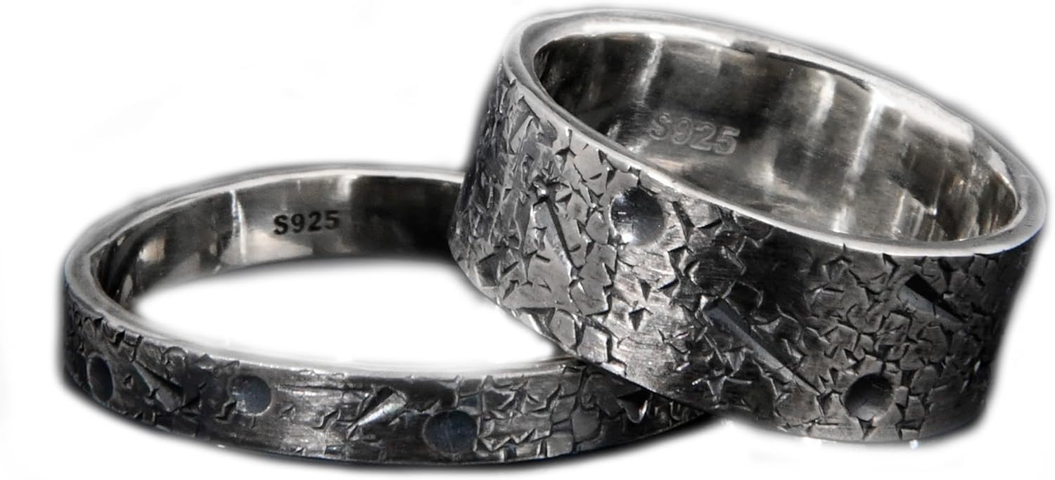 Personalized moon and star ring for couple ring set/Celestial Band/Viking Wedding Band/Rustic Engagement Ring/Planet ring