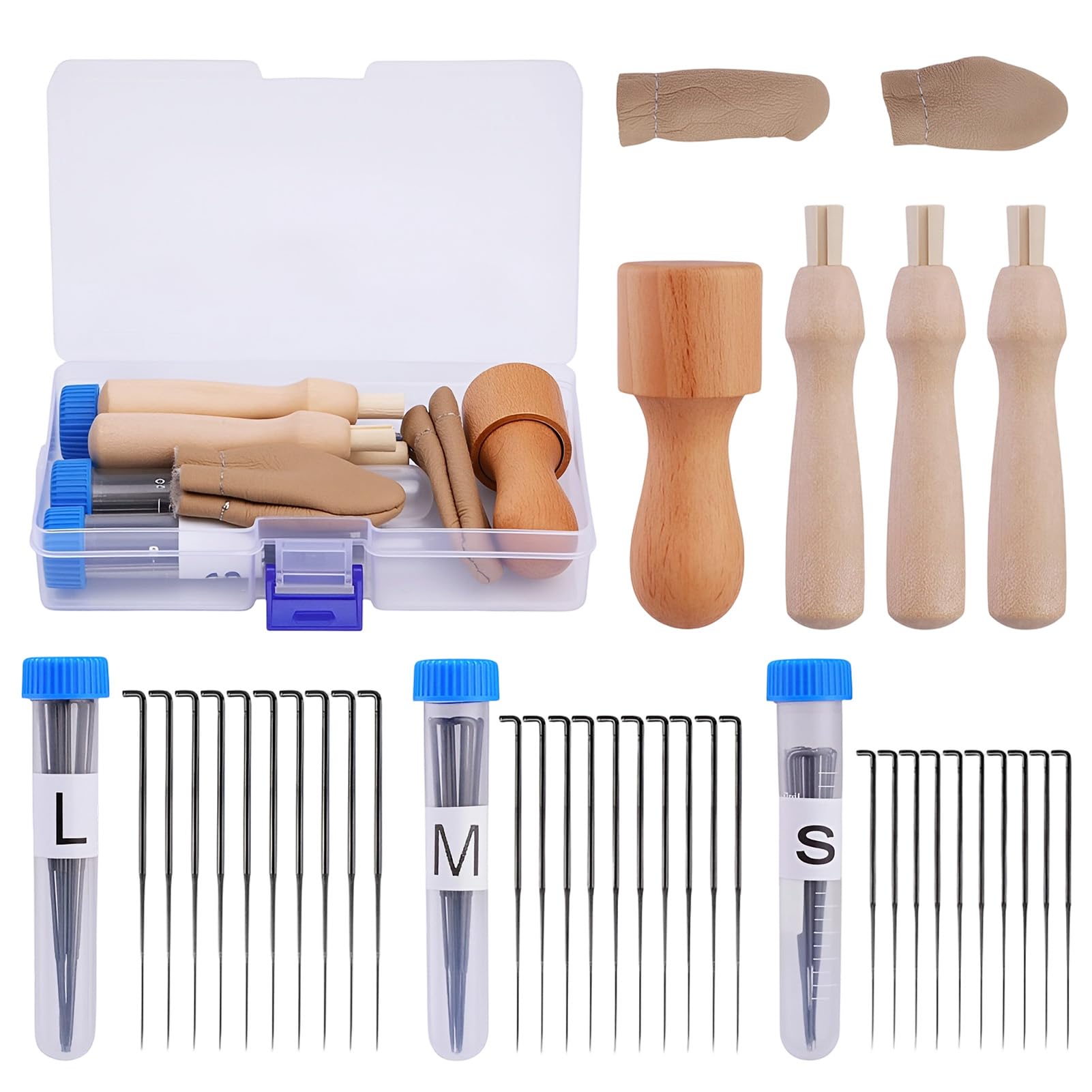 Nadelfilz-Set, 30 Filznadeln (3 Größen), Nadelfilzzubehör, Filznadelgriff aus Holz, Werkzeugset mit Fingerlingen und Aufbewahrungsbox für Wollfilz-Heimwerker-Anfänger