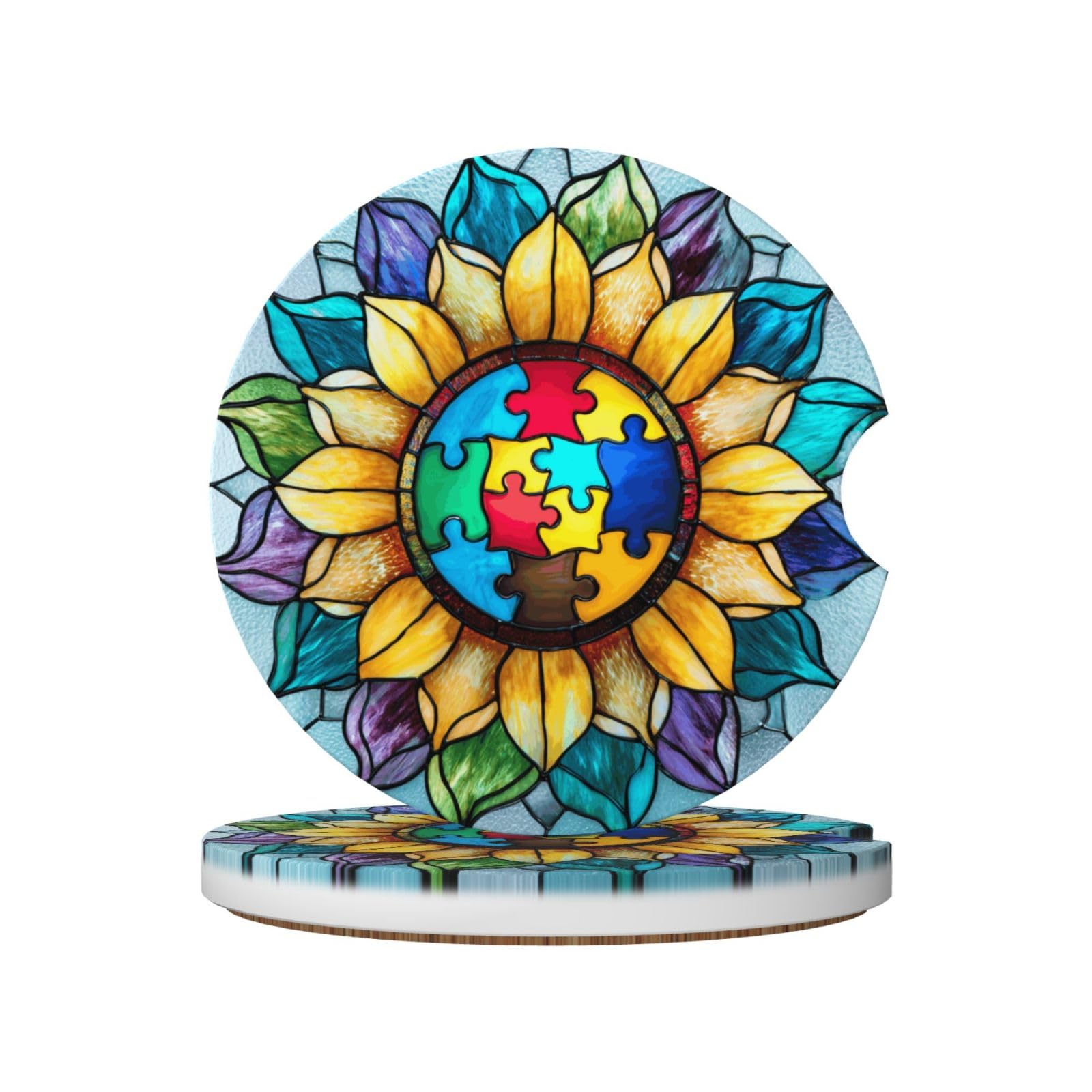 Stained Glass Autism Awareness Sunflower Ceramic Coasters,2pcs