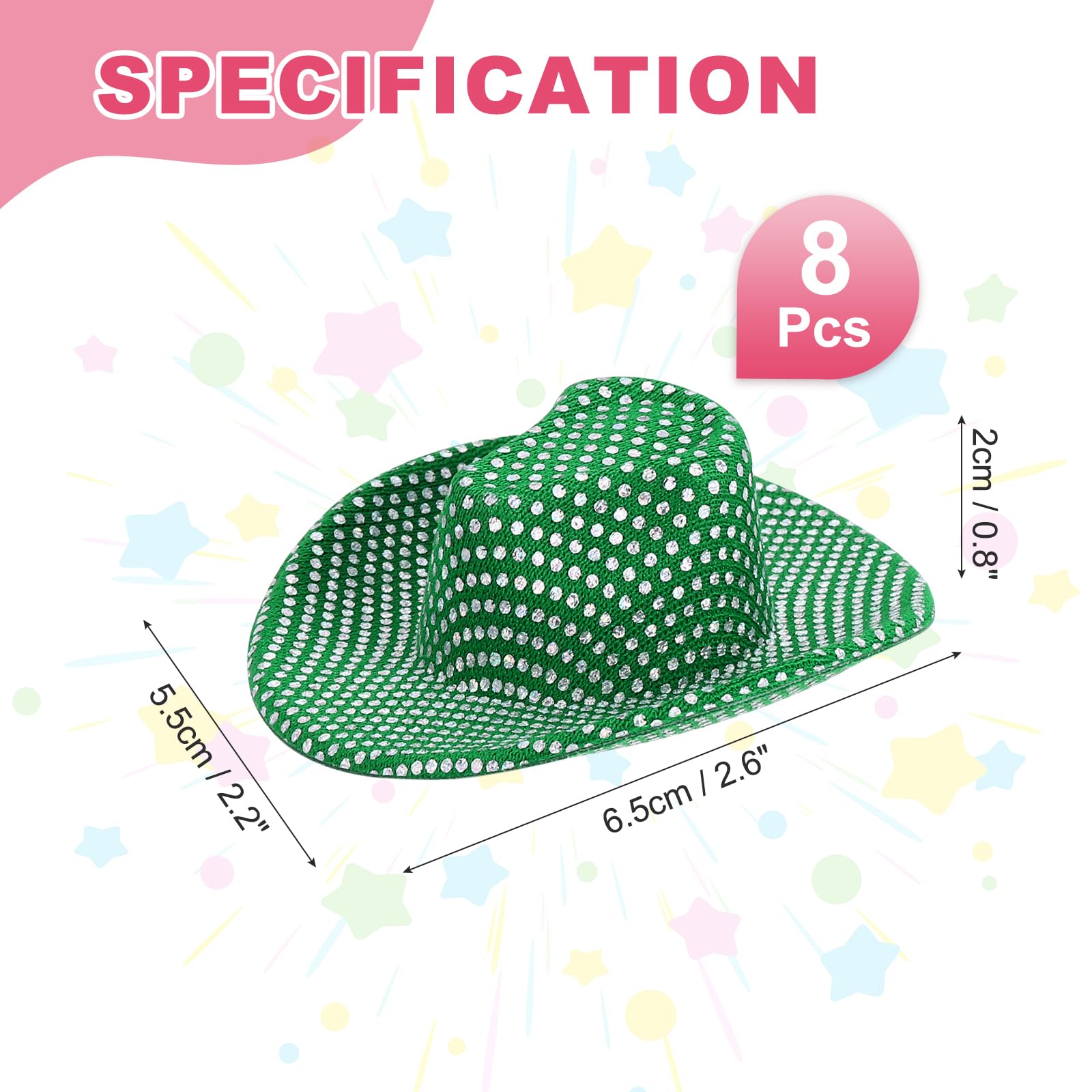 PATIKIL Mini Cowboy Hats, 8 Pcs Miniature Western Cowboy Hat for Crafts Party Decoration, Doll Pet Dress Up, Glitter Dot Style, Green - Image 2