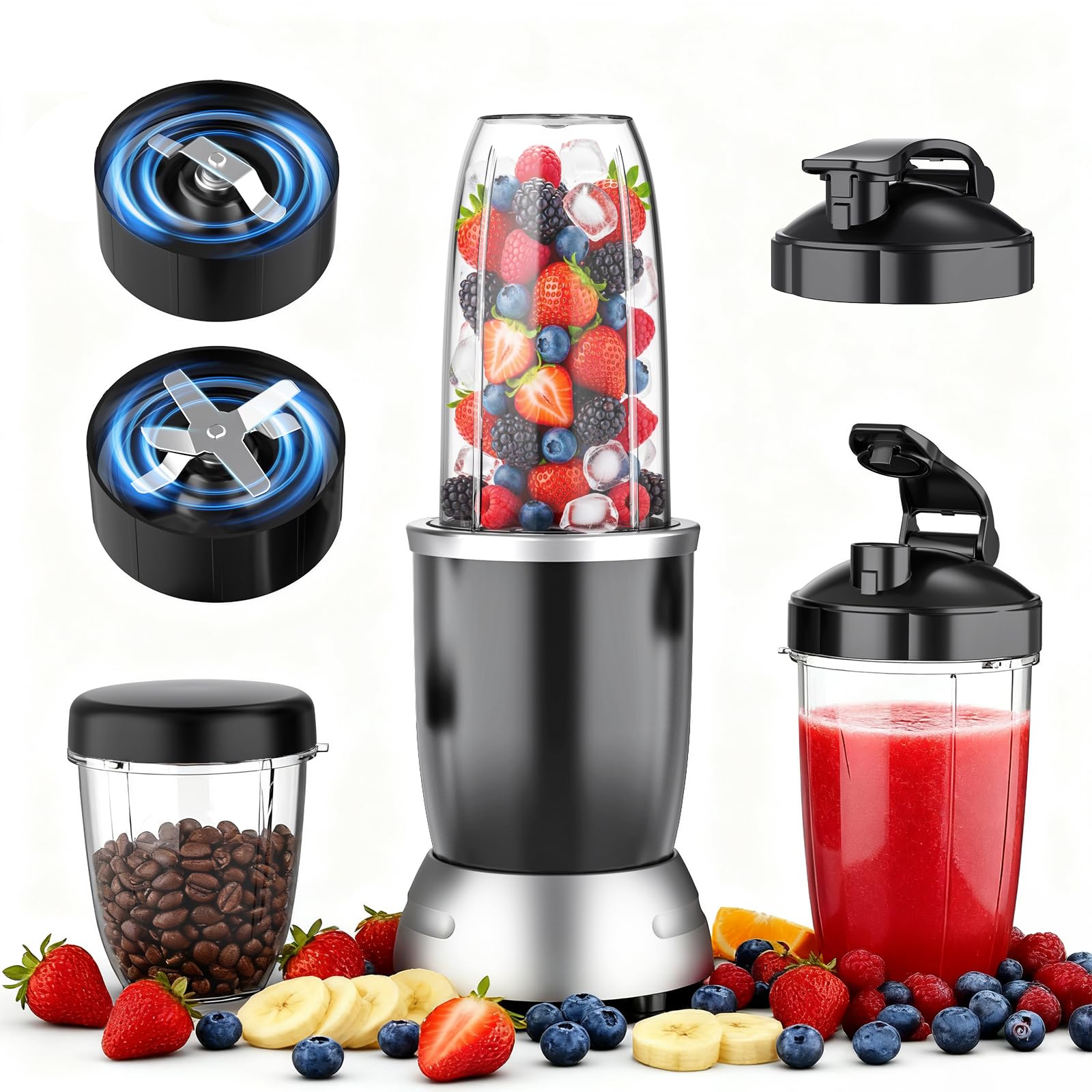 Smoothie Blender, 25000 RPM Portable Blender for Smoothies, Countertop Blenders for Kitchen with 37oz, 32oz, 23oz Personal Blenders Cups, 2 Spout Lids &1 Resealable Lid for Crushing, Juice, Nuts