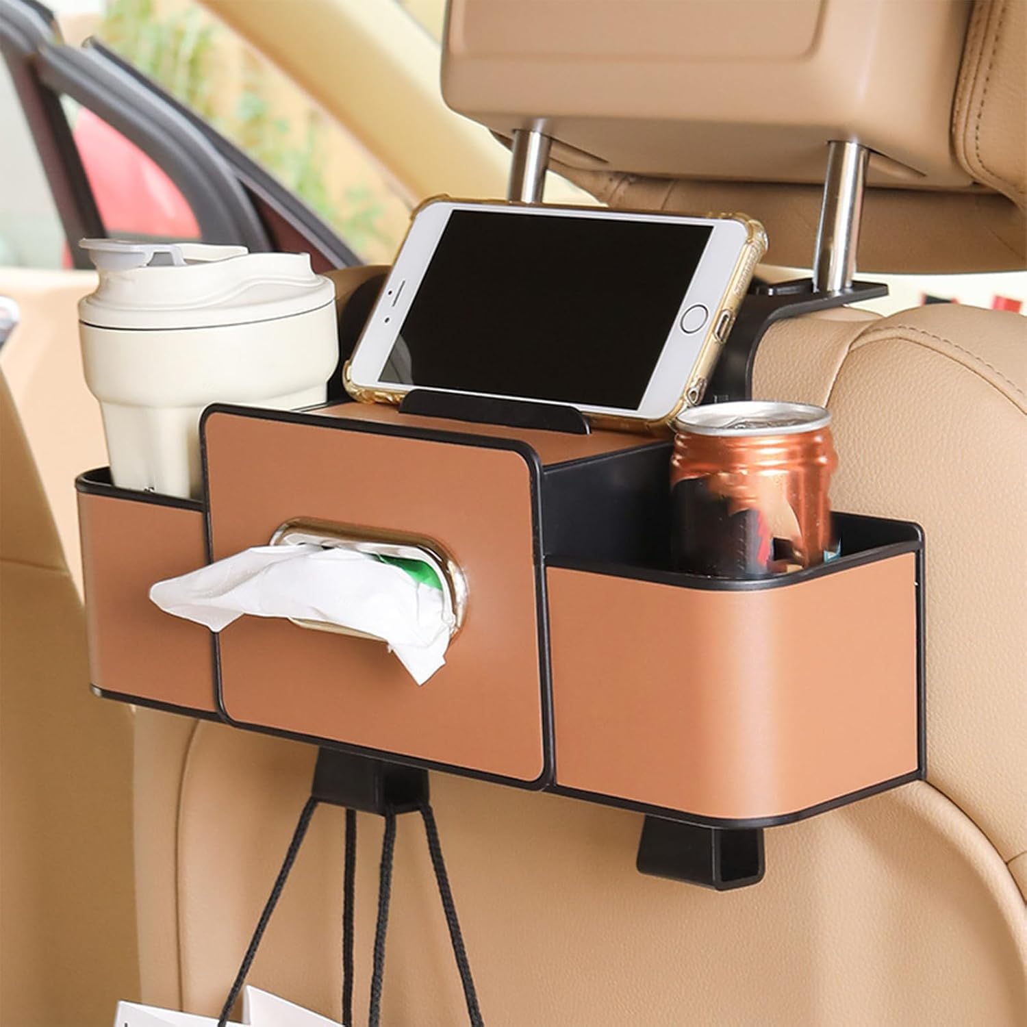 3-In-1 Car Backseat Organizer, 2026 New Car Organizers And Storage Box Behind Seat, CarBack Seat Organizer With Tissue, For Hold Phone, Drinks, Handbag, With 2 Cup Holders & Hooks (brown)