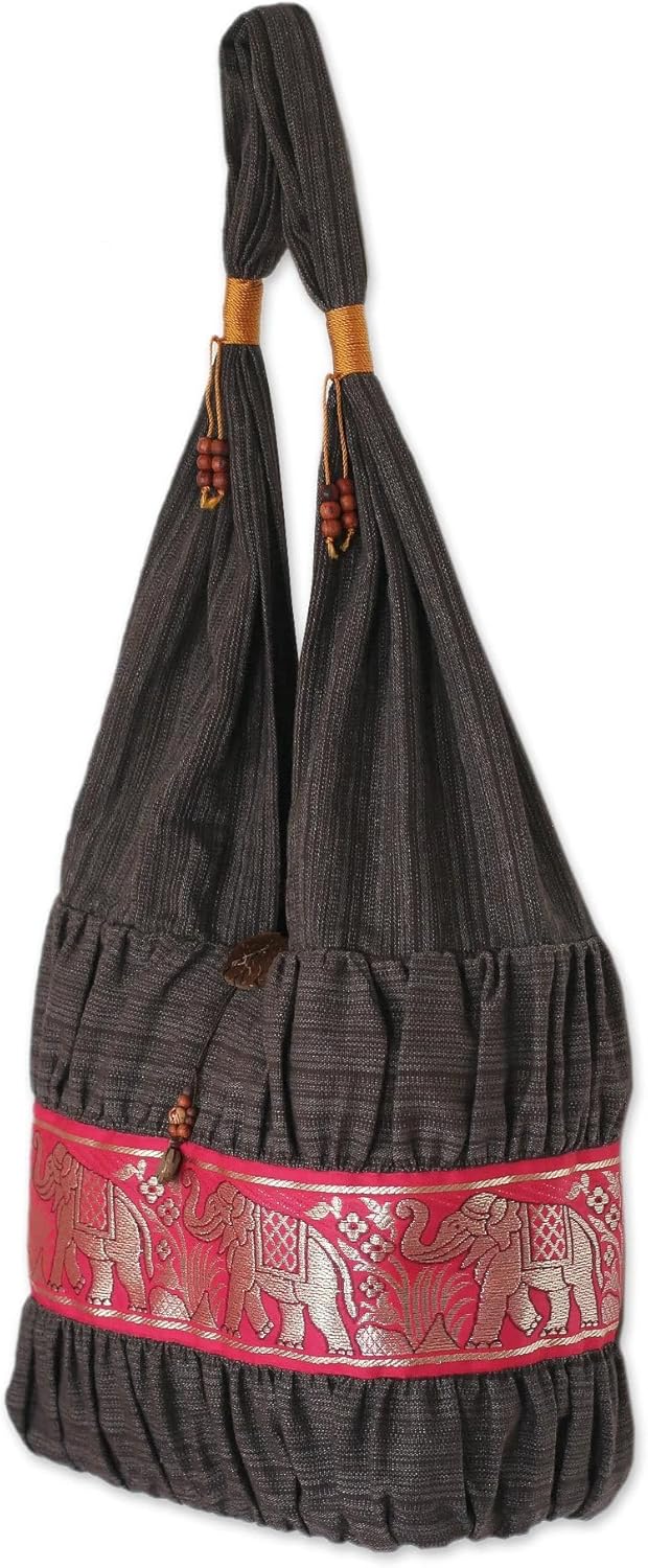 NOVICA Artisan Handmade Cotton Shoulder Bag Grey Coconut Shell Handbags Pink Patterned Thailand Animal Themed Elephant ' Scarlet Thai'
