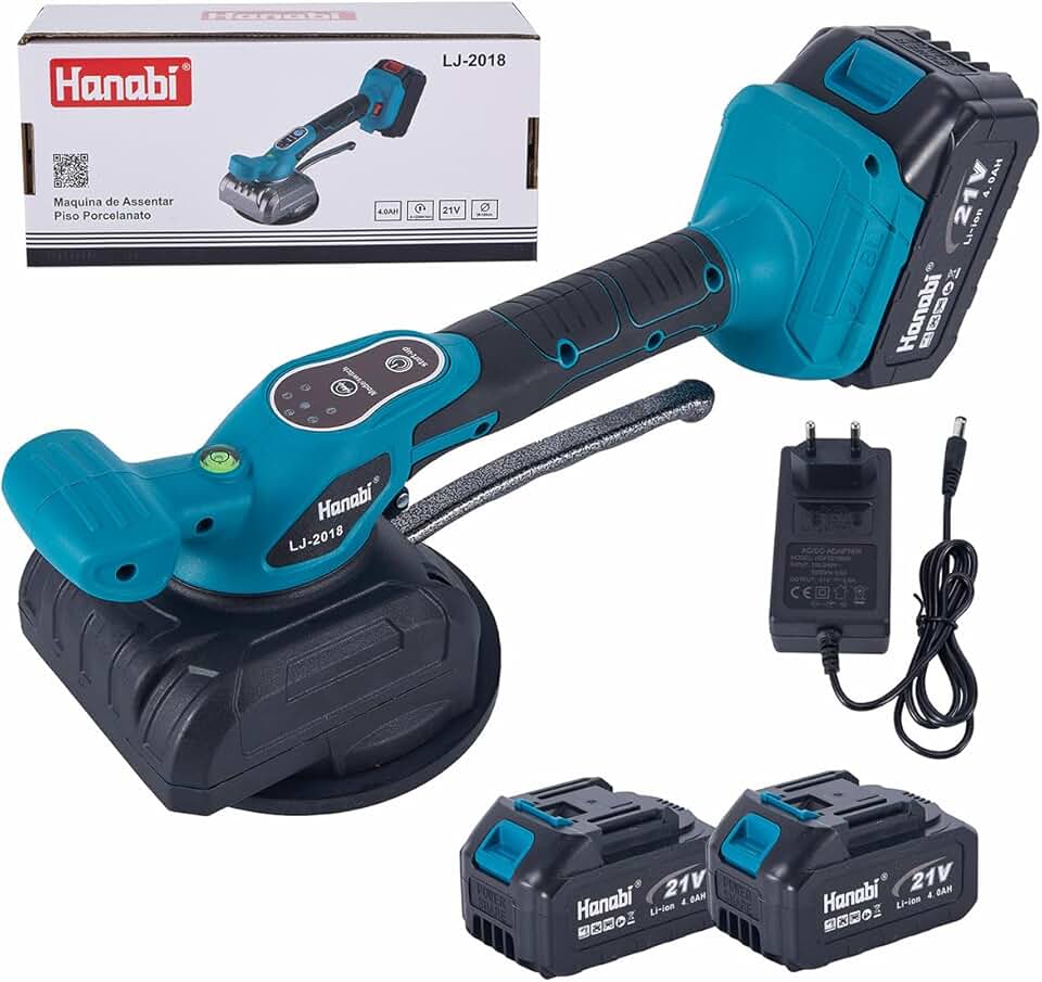 Hanabi Maquina De Assentar Pisos A Bateria 21V 4,0Ah com 2 Baterias, Ventosa 200mm, Até 80kg, Nível de Bolha, Maquina De Assentar Ceramica Sem Fio Profissional