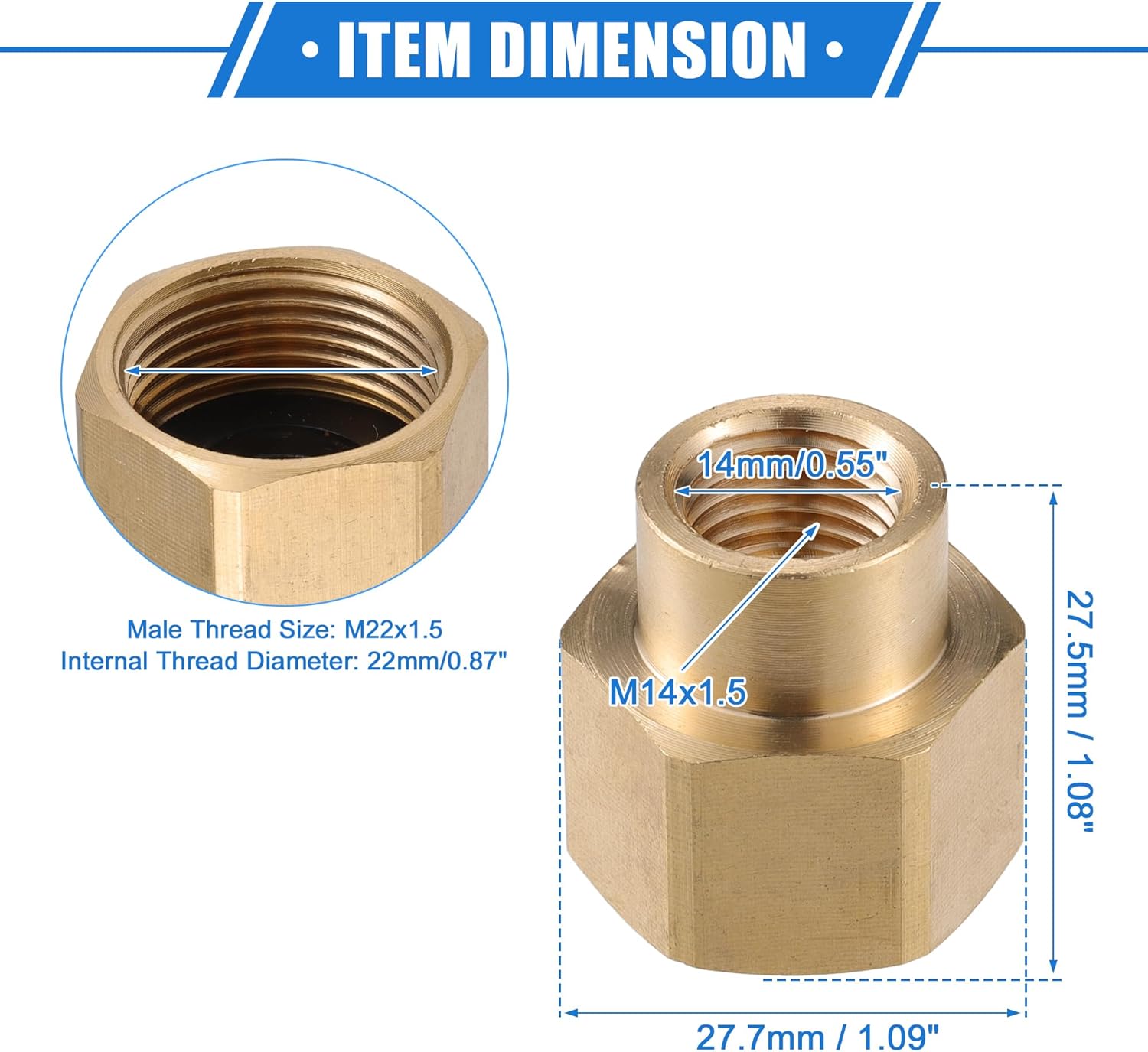 Pressure Washer Connector, M22x1.5 Female to M14x1.5 Female Adapter Brass Screw Hose Connector Universal for Pressure Washer Quick Connect Brass Copper Tone 1pc