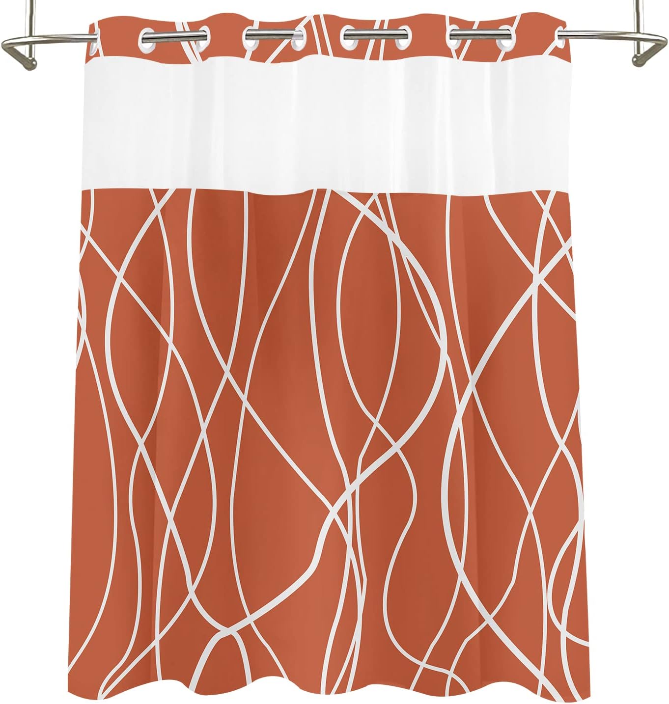 Tititex No Hooks Snap in Liner Abstract Curve Lines Caramel White Shower Curtain, Hotel Luxury Double Layers Without Hooks Waterproof Fabric & See-Through Top Window Bathroom Decorative 71x71 Inch