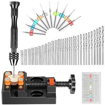 60 PCS Pin Vise Hand Drill Set, Micro Mini Twist Drill Bits PCB Drill Bits Bench Vise Tool for Resin Wood Jewelry Making DIY Drilling and Model Building