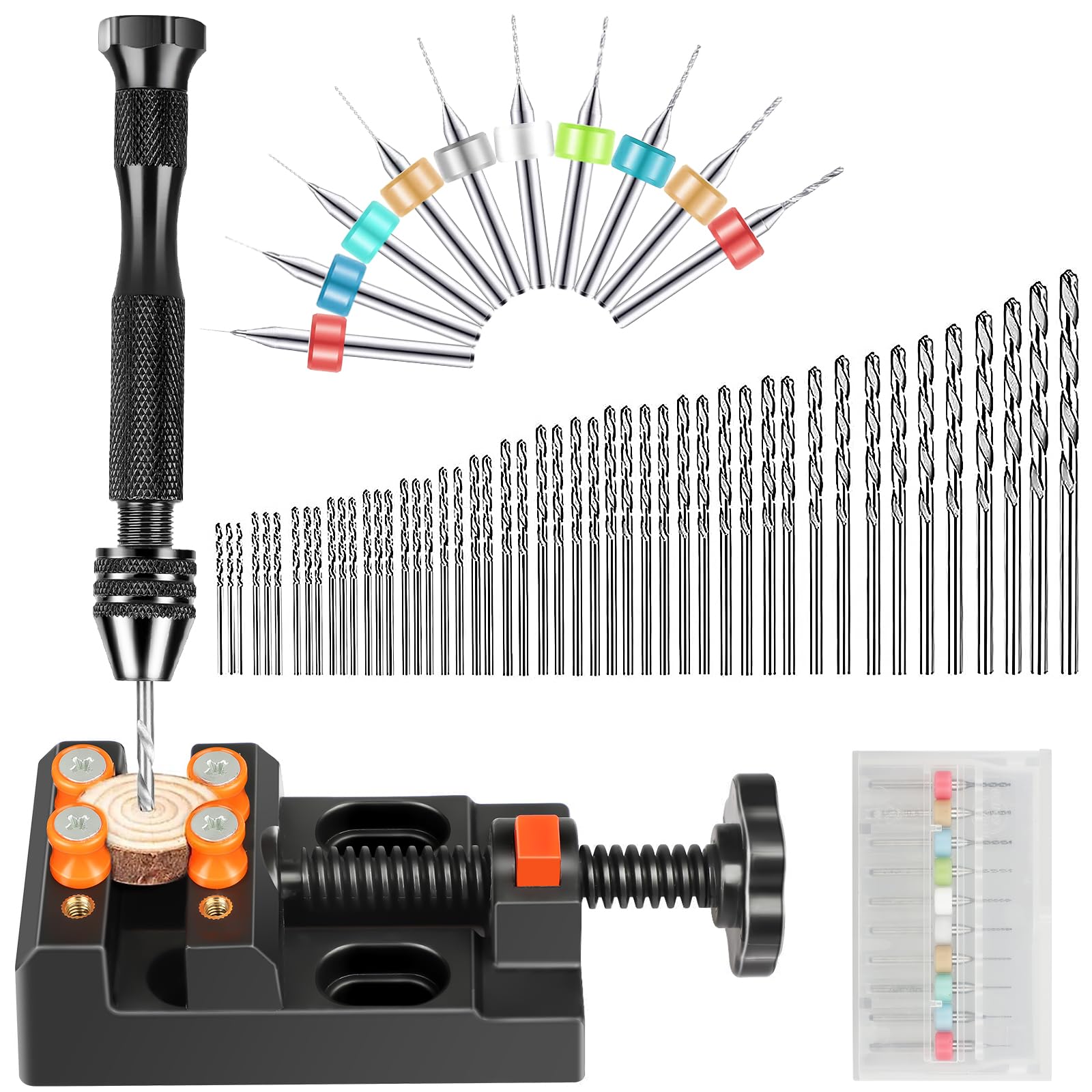 SUNJOYCO 60 PCS Pin Vise Hand Drill Set, Micro Mini Twist Drill Bits PCB Drill Bits Bench Vise Tool for Resin Wood Jewelry Making DIY Drilling and Model Building