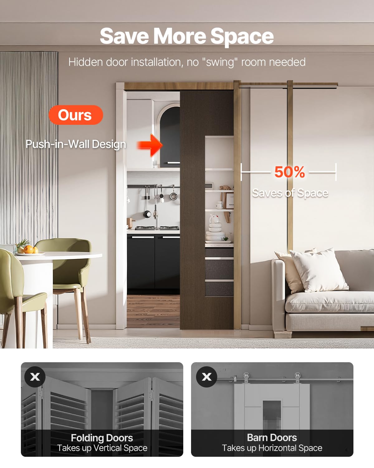 VEVOR Kit de Marco para Puerta Corrediza de Madera y Acero Galvanizado para Puertas de 610-762 mm de Ancho y 2032 mm de Alto con Mecanismo de Cierre suave Bidireccional para Sala de Estar, Oficina