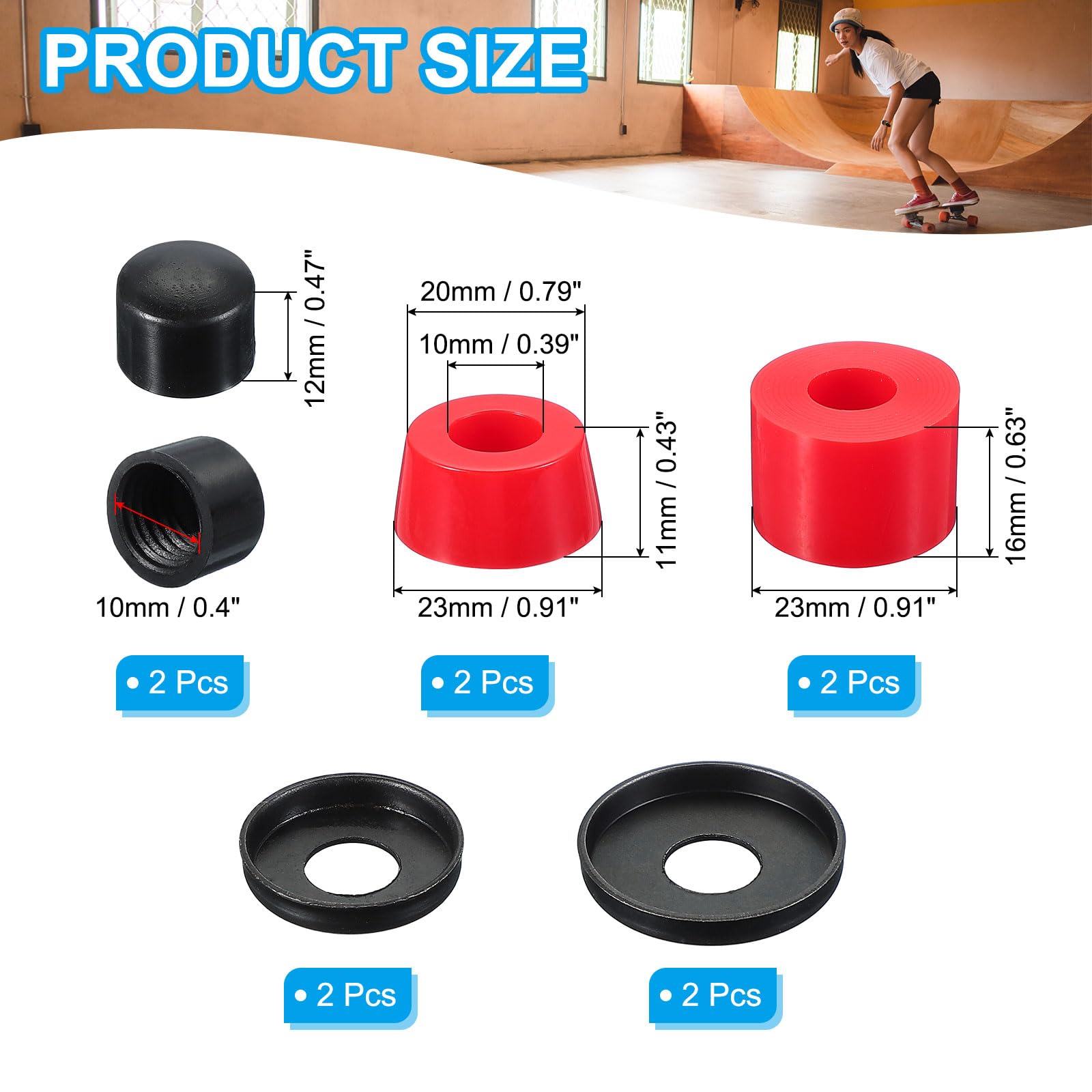 PATIKIL Skateboard Bushings, 90A PU Long-Board Truck Rebuild Kit Bushings Washers Pivot Cups for Outdoor Skateboard Parts, Red