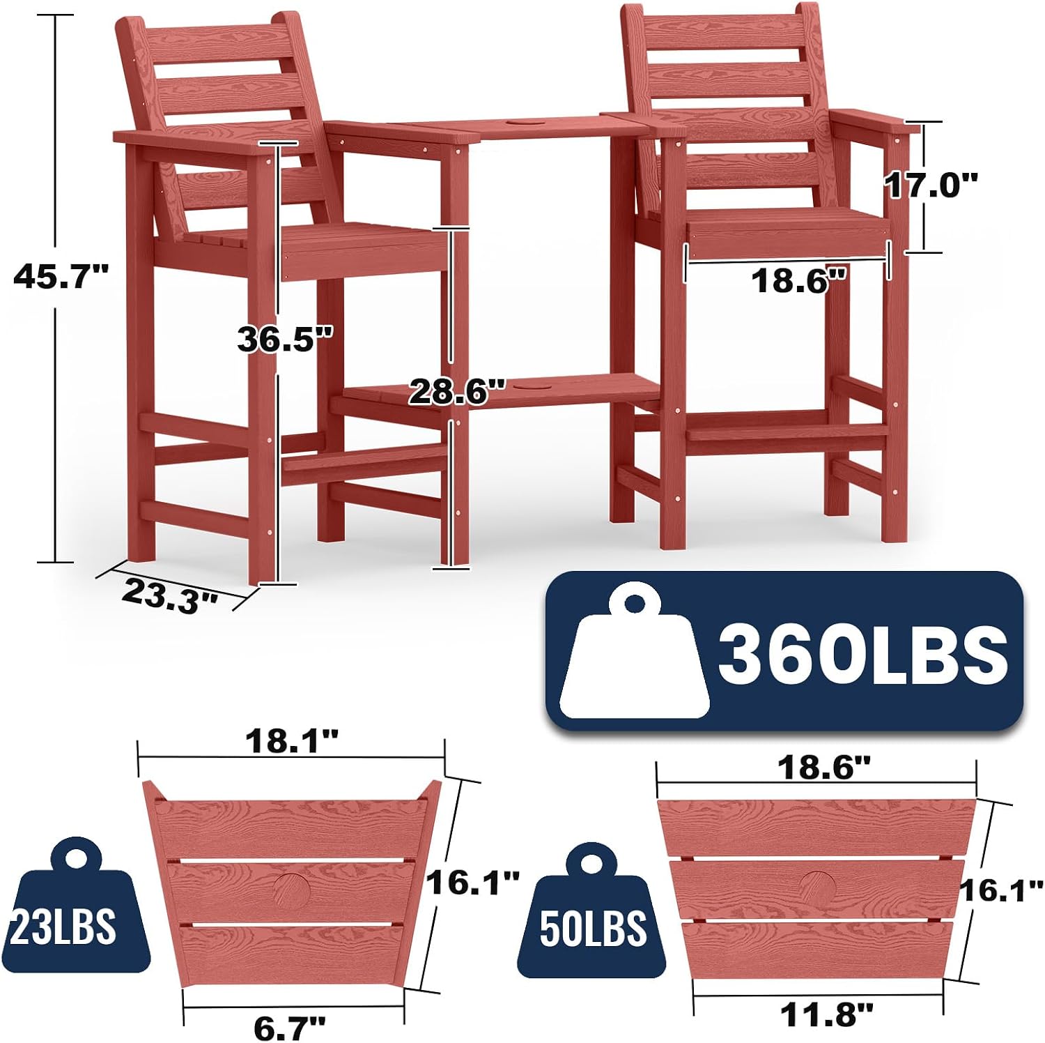 PLUUV Tall Adirondack Chairs Set of 2, All Weather HDPE Poly Bar Height Balcony Adirondack Chair with Removable Double Connecting Trays, Outdoor Adirondack Barstools for Deck, Patio, Yard, Pool, Lawn