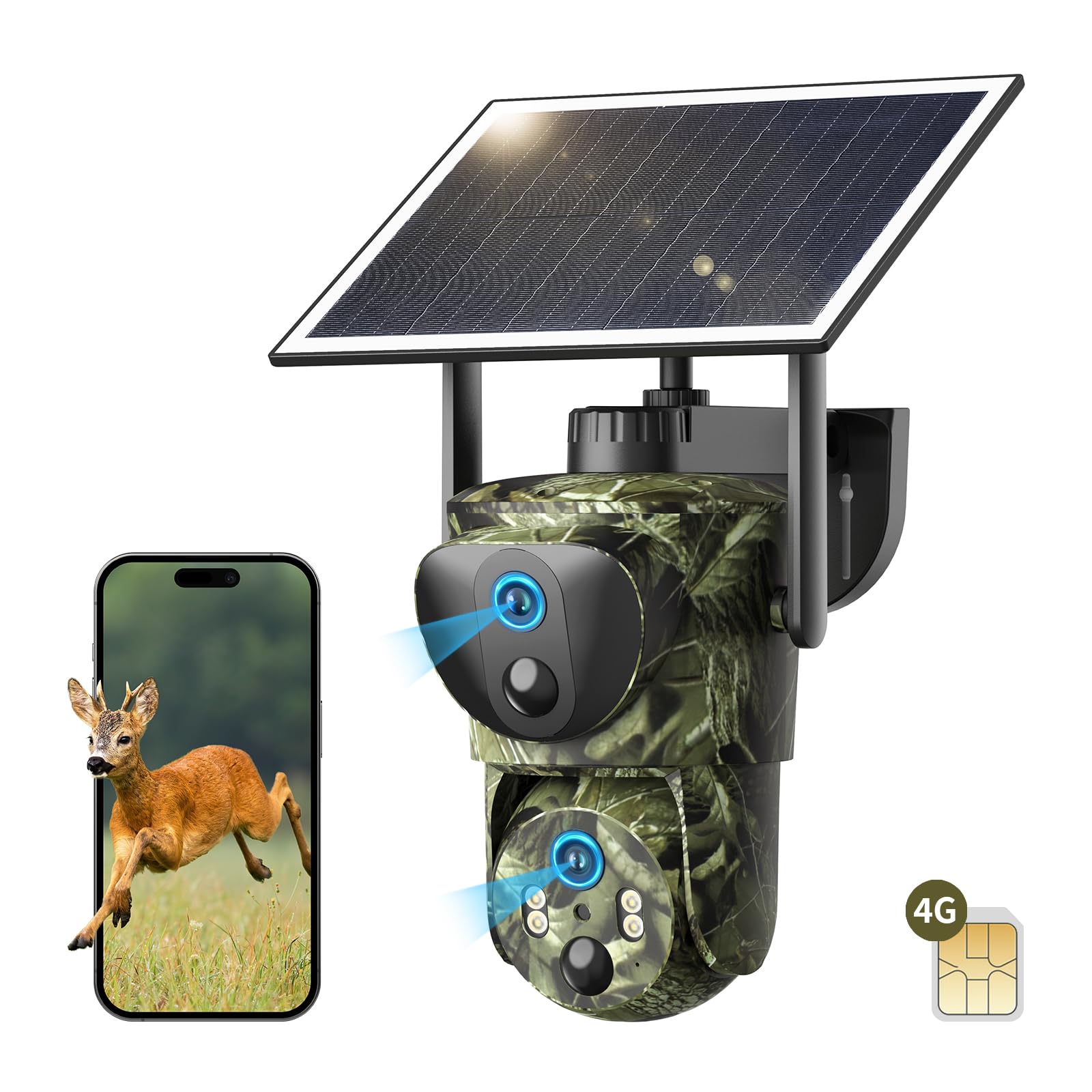 SEHMUA 4G LTE Cámara de Caza Solar con Doble Lente, Camara Vigilancia Exterior Solar con Tarjeta SIM sin WiFi, 360° Cámara con 2K Visión Nocturna, Detección de Movimiento, Audio Bidireccional, IP66