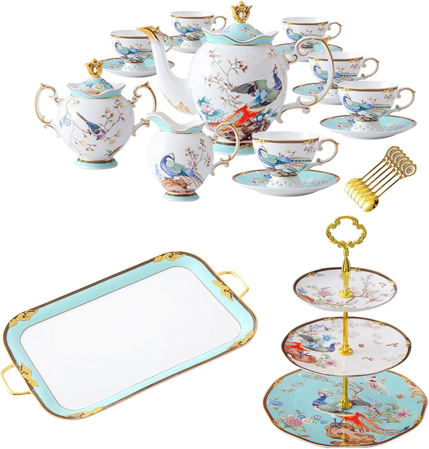 ACMLIFE Bone China Tea Set, 3-Tier Afternoon Tea Stand and Serving Platter 21-Piece Bone China Coffee Tea Set for 6