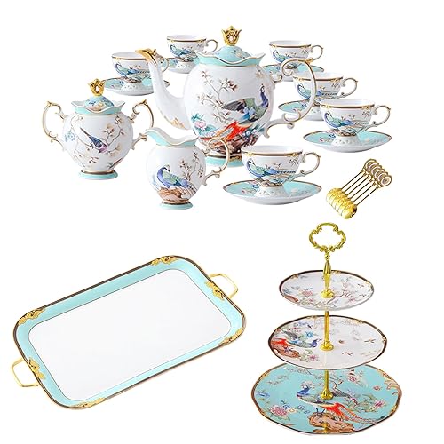 ACMLIFE Bone China Tea Set, 3-Tier Afternoon Tea Stand and Serving Platter 21-Piece Bone China Coffee Tea Set for 6