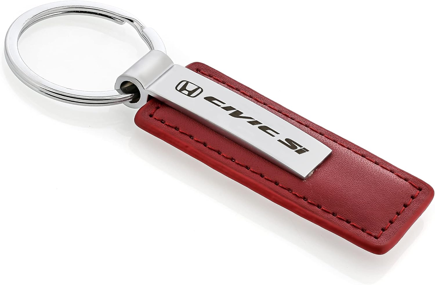 Honda Civic Si Red Leather Key Chain With Satin Metal & Attached Keychain Ring