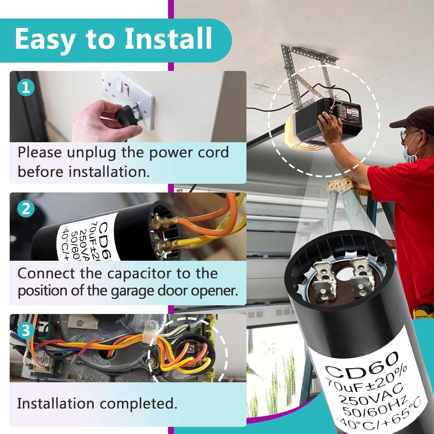 19988A Start Capacitor Compatible wit Genie 1/2HP Openers – 70 MFD 220V Garage Door Opener Starting Capacitor Replacement (Compatible with Genie 19988 & X-19988-A, Not for Running Capacitors, 60Hz AC)