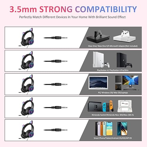 Miniatura 8 de VIGROS Auriculares para juegos con cable AUX de 0.138in, luz LED con cancelación de ruido, auriculares estéreo plegables con micrófono para niñas,