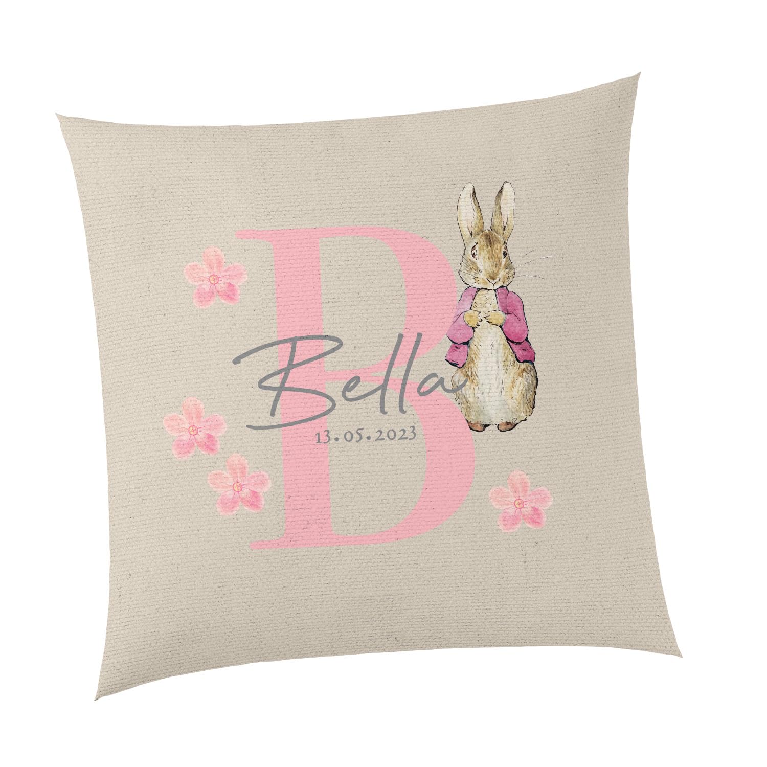 SMARTYPANTS Personalised Pink Rabbit Natural Cushion - Animals Kids Peter Rabbit Inspired Baby Name Flowers Date Bedroom Child Home Decor Living Gifts Presents (Cover+Filling)