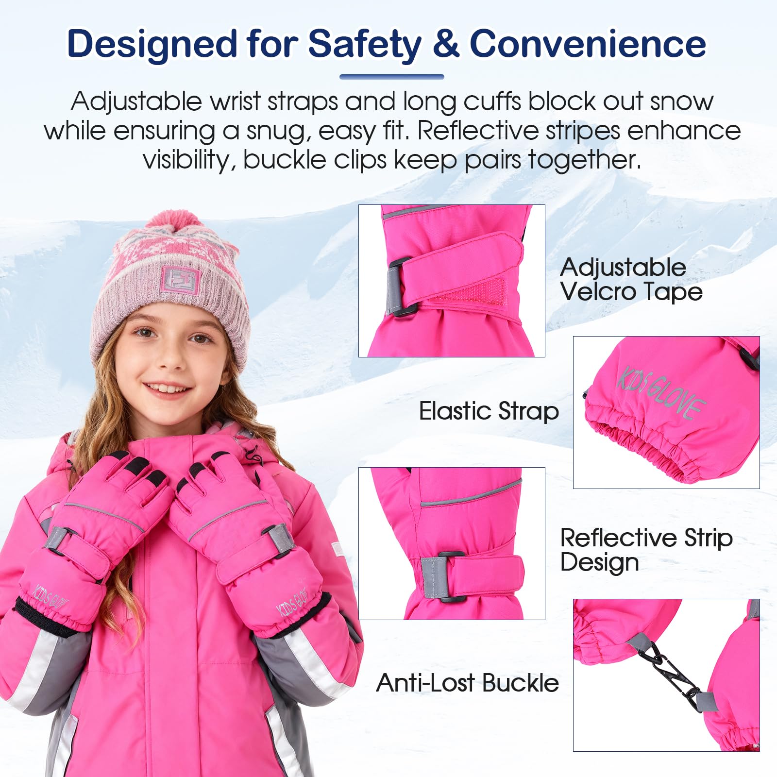 Guanti da sci invernali per bambini, impermeabili, per bambini, ragazze, guanti caldi, guanti da neve per bambini, rosso rosa, piccoli (4-6 anni)