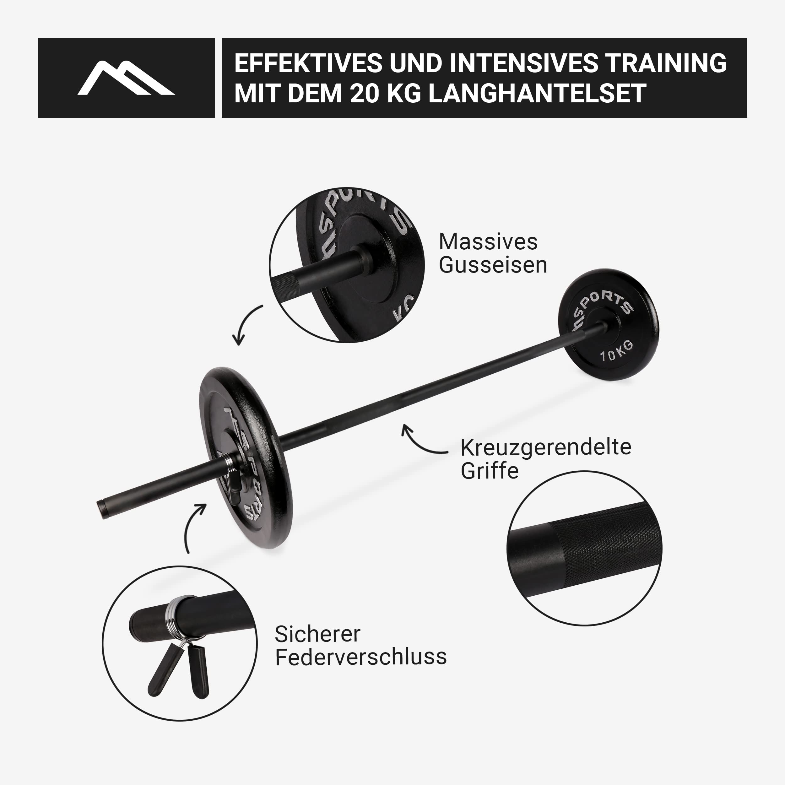 Sztanga długa z zapięciem sprężynowym + odlew 20, 30, 40 lub 60 kg – talerze do sztangi długie (sztanga długa + 20 kg)