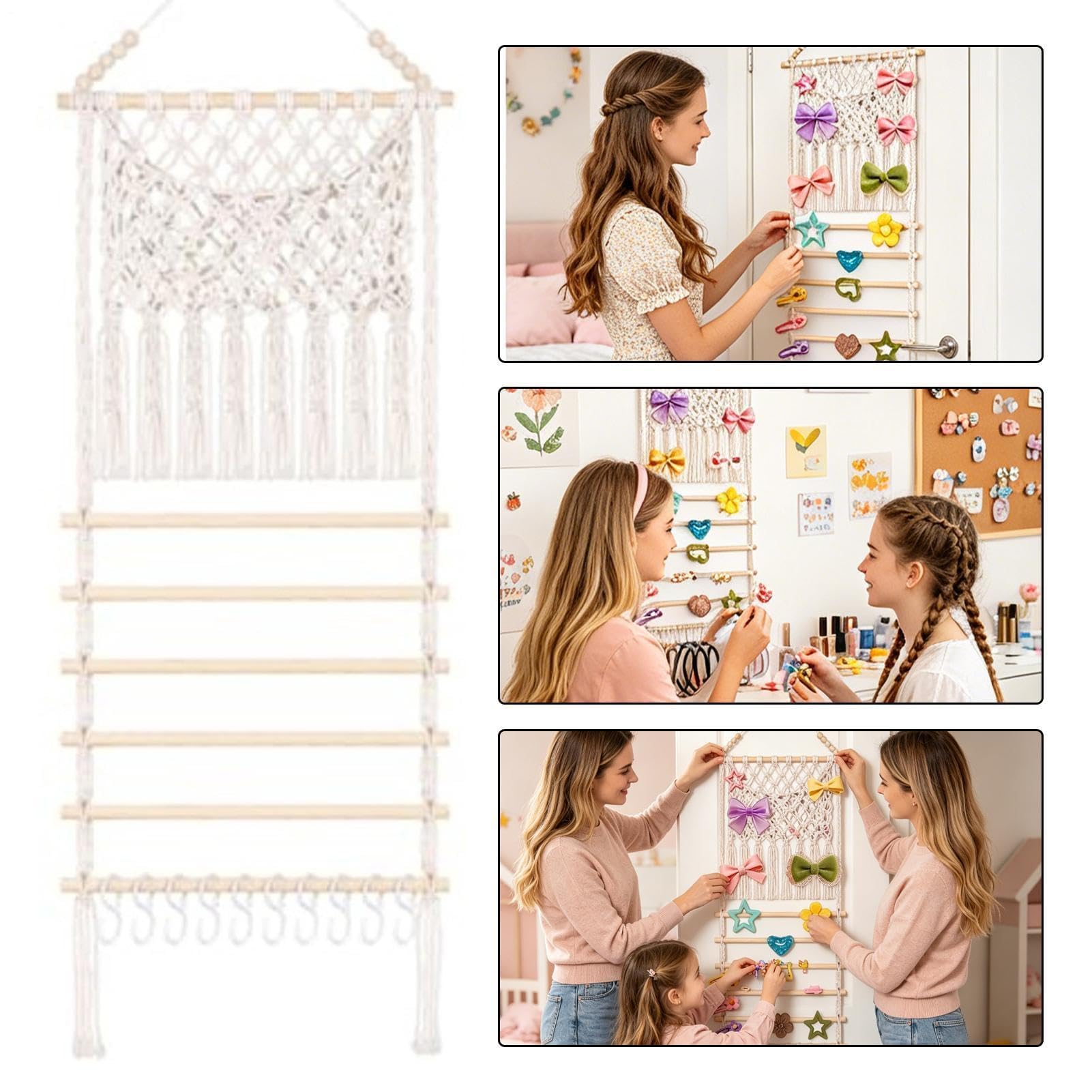 Organizer da parete per accessori per capelli in macramè, stile boho, ideale per camera da letto, bagno, dormitorio e soggiorno