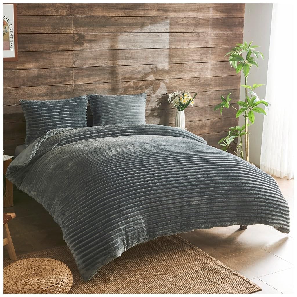 Osum Chunky Ribbed Cord Teddy Bear Winter Duvet Cover Set – Super Soft Fluffy Sherpa Fleece Bedding with Pillowcases, Warm & Cosy Thermal Quilt Cover for Winter Comfort (Charcoal, Single)