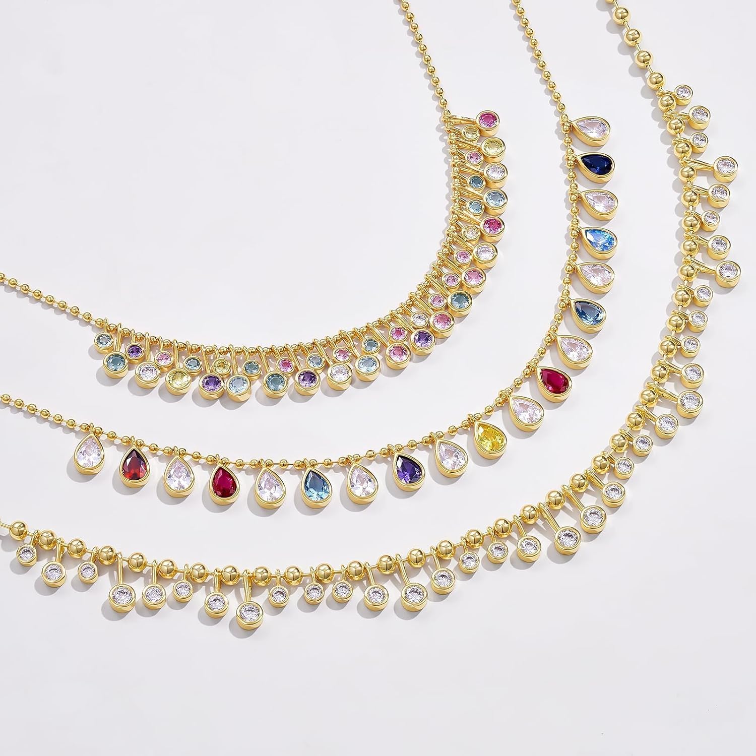 KissYan Cubic Zirconia Charm Necklace for Women, 14K Gold Plated Beaded Chain Rainbow White CZ Necklaces Dainty Elegant Jewelry Gift