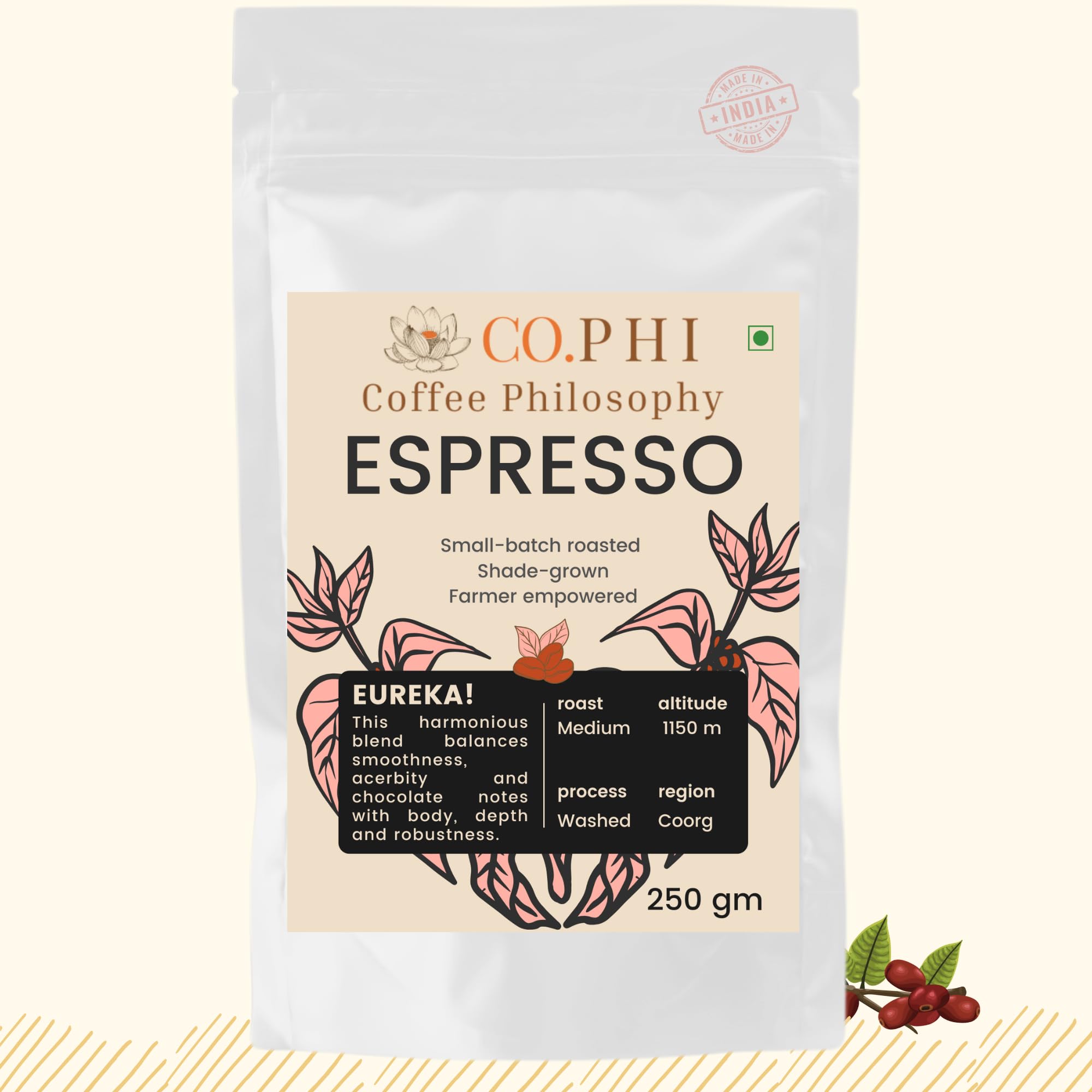 COPHI Coffee Philosophy Eureka (250g) Espresso Machine Coffee Powder, Medium Roast, Arabica Robusta Blend, Coorg Specialty Ground Coffee, Washed Process, No Chicory, Shade Grown, Makes 15 Cups