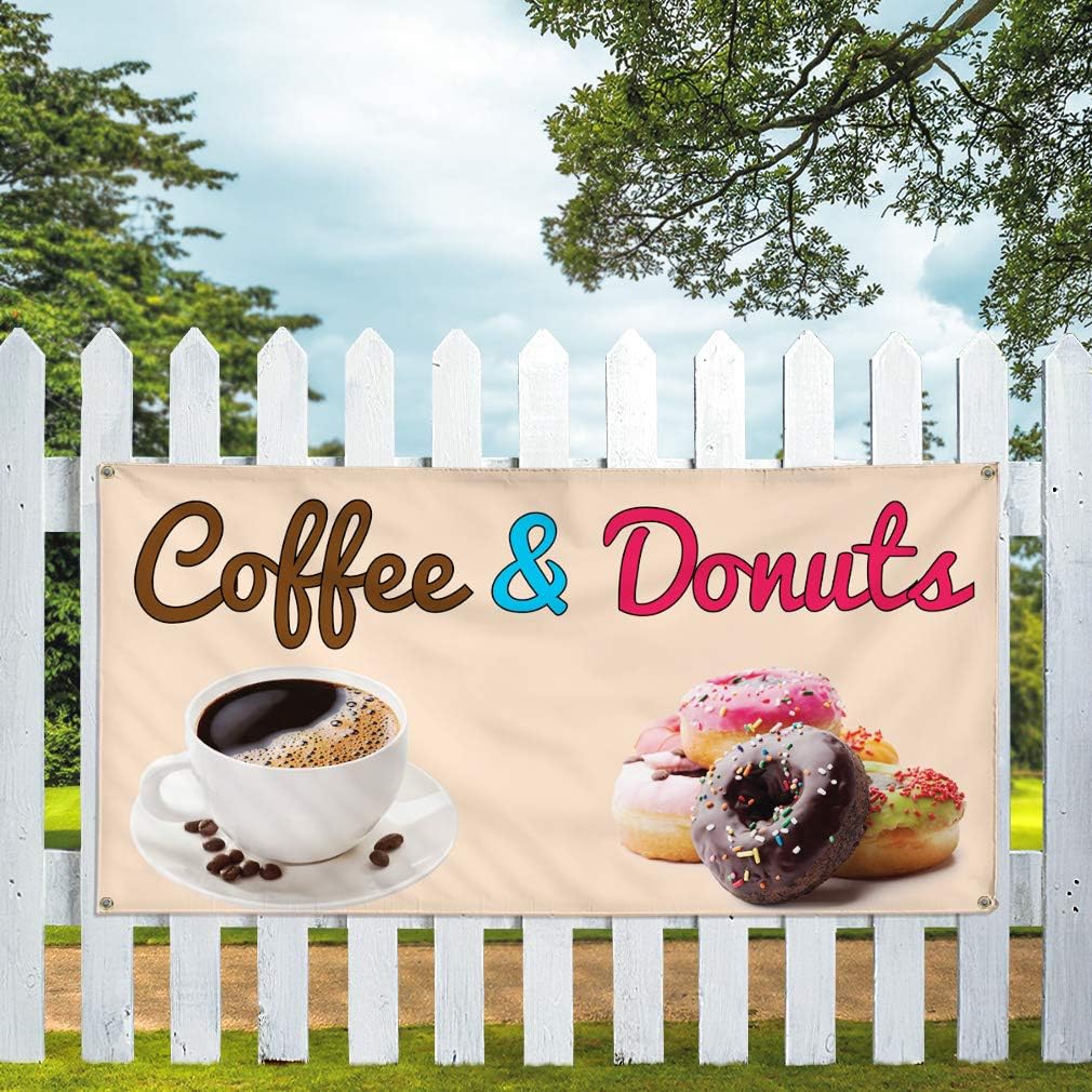 Vinyl Banner Multiple Sizes Coffee & Donuts Advertising Printing B Restaurant & Food Outdoor Weatherproof Industrial Yard Signs White Grey 4 Grommets 16x40Inches