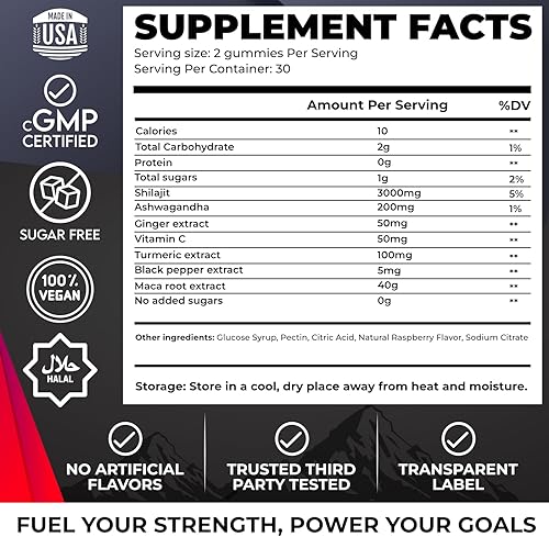 Miniatura 2 de Gomitas Shilajit puras del Himalaya doradas, sin azúcar añadido, Ashwagandha, raíz de maca, extracto de cúrcuma con vitamina C para energía, sin