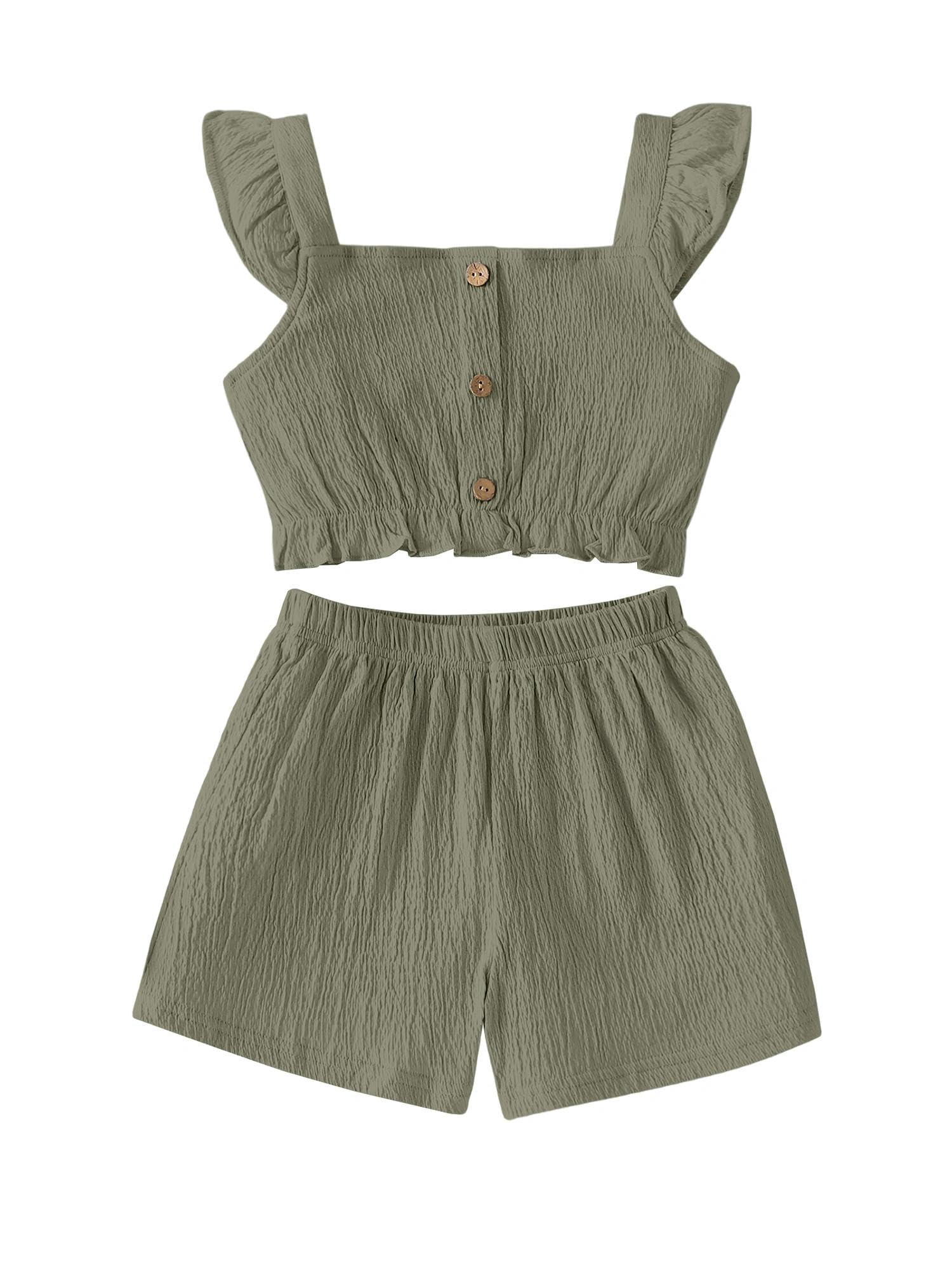 Girls Summer Outfits Textured Botton Front Flutter Sleeve Shirt Ruffle Hem Crop Top and Solid Shorts Sets Olive Green 11-12 Years