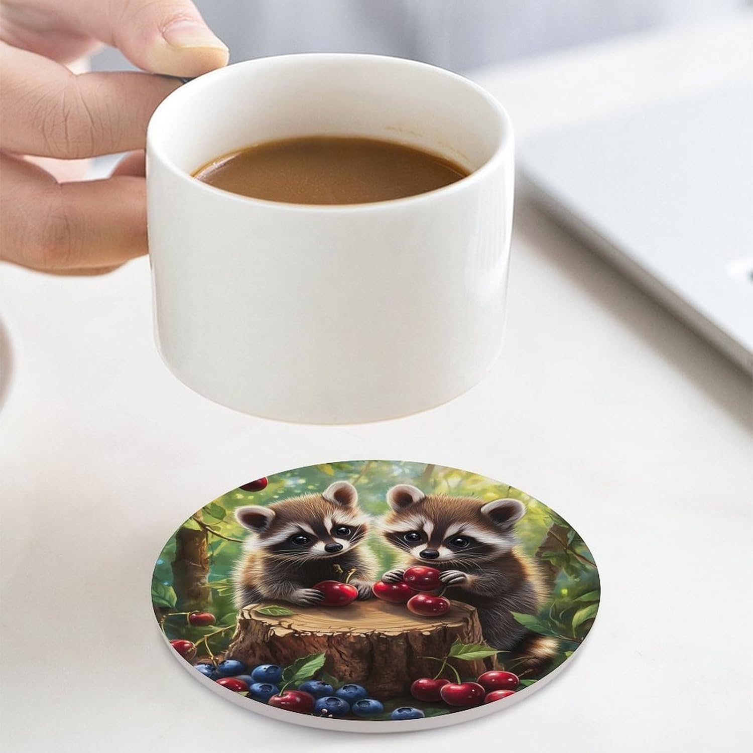Cute Raccoon Cherry1 Blueberry Funny Round Ceramic Coasters for Drink Absorbent Cup Holders Tabletop Protection
