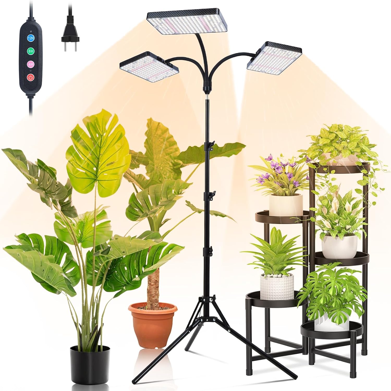 Grow Light with Stand, Orchbloom Grow Lights for Indoor Plants 75W, Natural Sunlight Full Spectrum Plant Growing Lamps for Houseplants & Bonsai Tree, 4/8/12 Hr Timer Plant Light Auto On/Off Everyday 3Head Stand(75W)