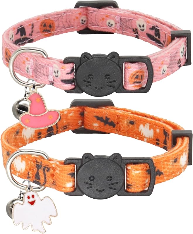 Coleira para Gatos de Algodão com Guizo e Fecho de Segurança, Estampas de Halloween, Rosa, Giecooh — Pacote com 2