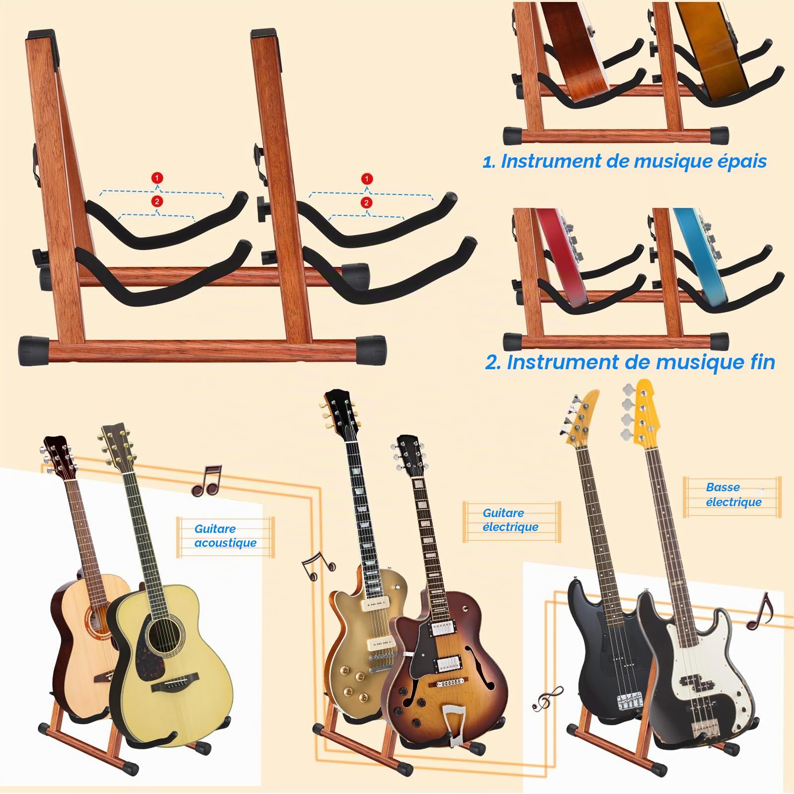 Double Support Guitare, Supports de Guitare en Bois pour Guitares Multiples, Guitares Acoustiques, Basse, Guitare Electrique, Support de Guitare Acoustique pliable en A, Facile à Assembler