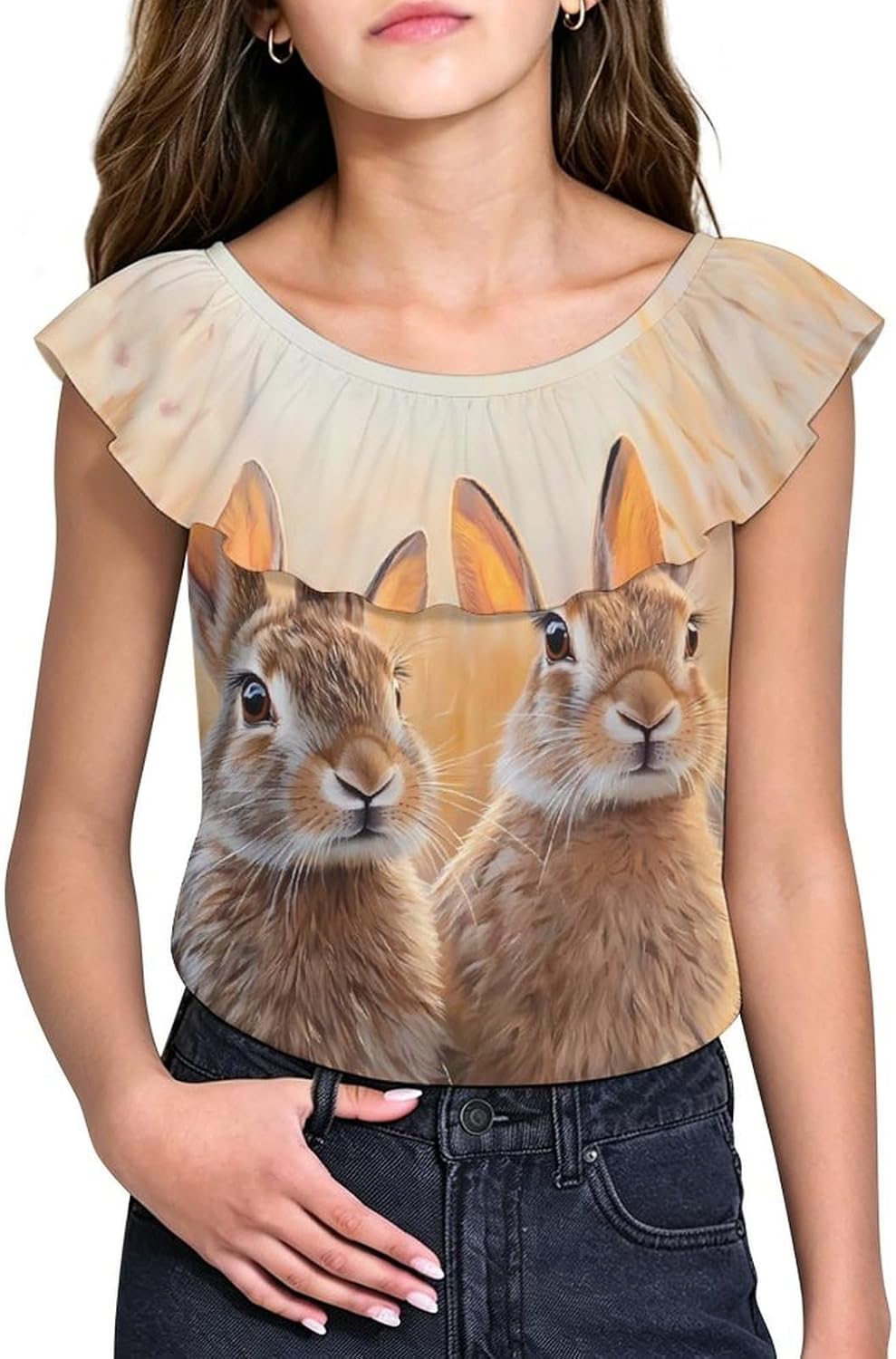 Prairies Hare Rabbits Girls T-Shirts Top Ruffle Short Sleeve Blouse Casual Graphic Tees