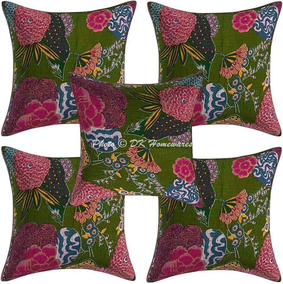 Boho Decorative Accent Throw Pillow Covers 16 Inch Cotton Kantha Tropicana Ethnic Square Sofa Cushion Covers (Size - 40x40 cm ; Color: Olive Green) - Set of 5 Pcs (Cover Only)
