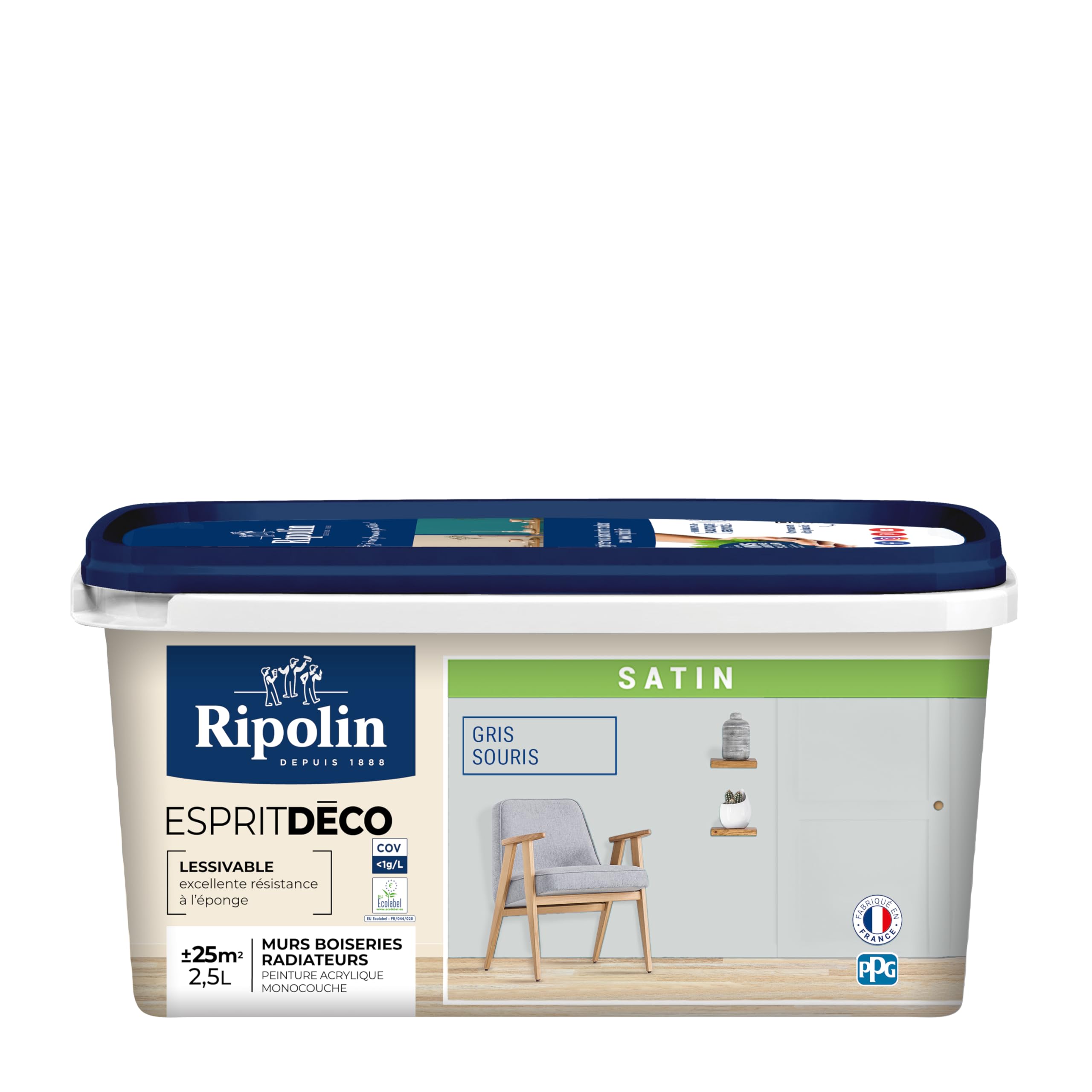 RIPOLIN - Peinture Intérieure Multi-​Supports – Murs, Boiseries & Radiateurs – Ultra-​Couvrante – Lessivable – Application Facile – Ecolabel - Satin - 2,​5L - Gris Souris