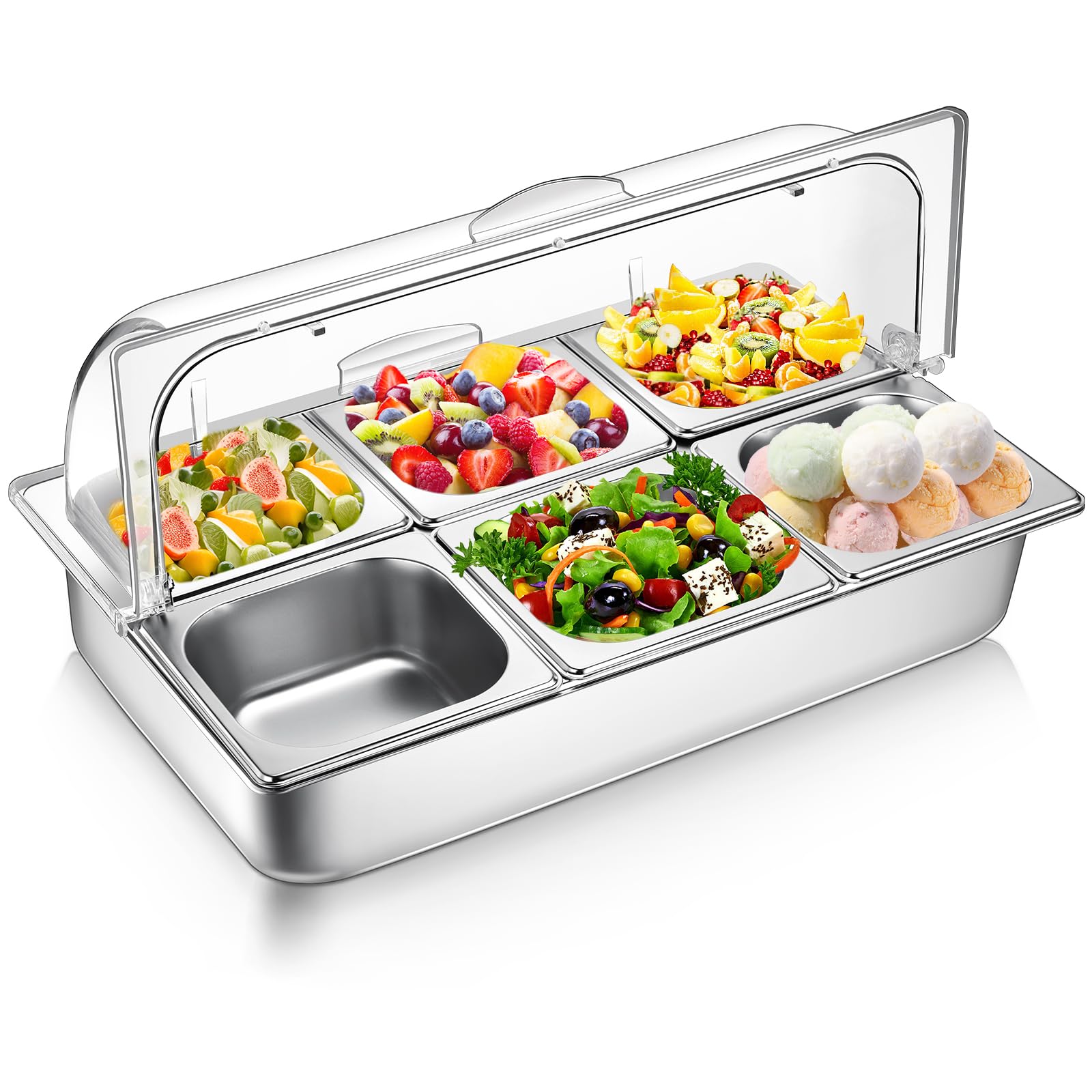 6 pan countertop ice food serving display container cooled condiment dispenser stainless steel food serving tray display rack with clear roll top cover for buffet restaurant hotel kitchen party