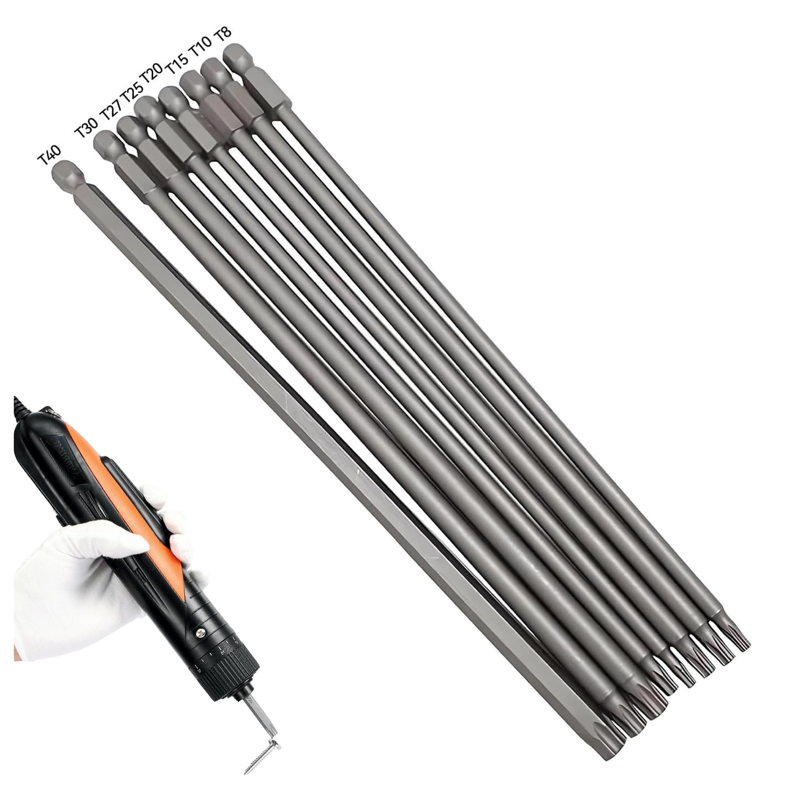 200Mm Long Torx Screwdriver Bit Sets, 8Pcs Long Screwdriver Bits 1/4" Hex Shank Bit Set, Magnetic Torx Bit Set T8 T10 T15 T20 T25 T27 T30 T40, S2 742377249766