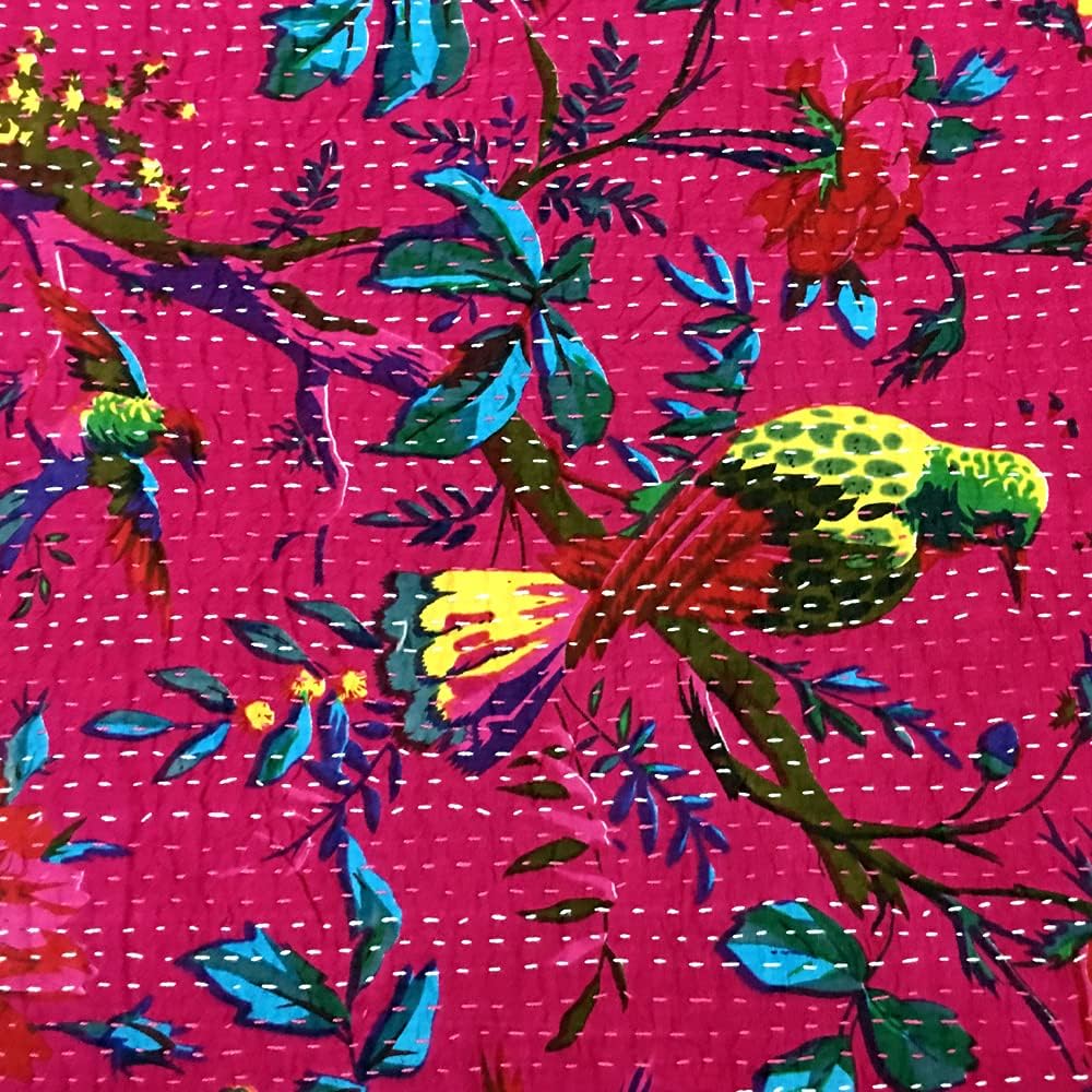 Indian Bohemian Magenta Queen Size Kanta Quilt Decorative Cotton Kantha Work Bird Printed Hand Crafted (108 x 90) -Set of 1 Coverlet Bedspread