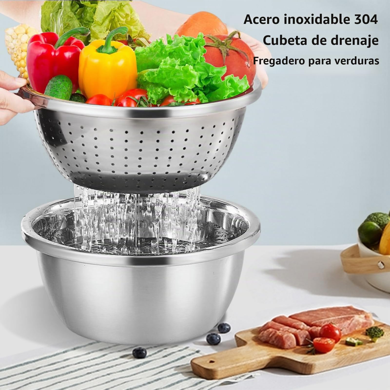 2 Piezas Colador Acero Inoxidable 26 cm, Escurridor Pasta Grande con Bol de Apoyo para Verduras Frutas Arroz, Colador Pasta de Cocina Apilable, Uso Diario en Cocina Familiar