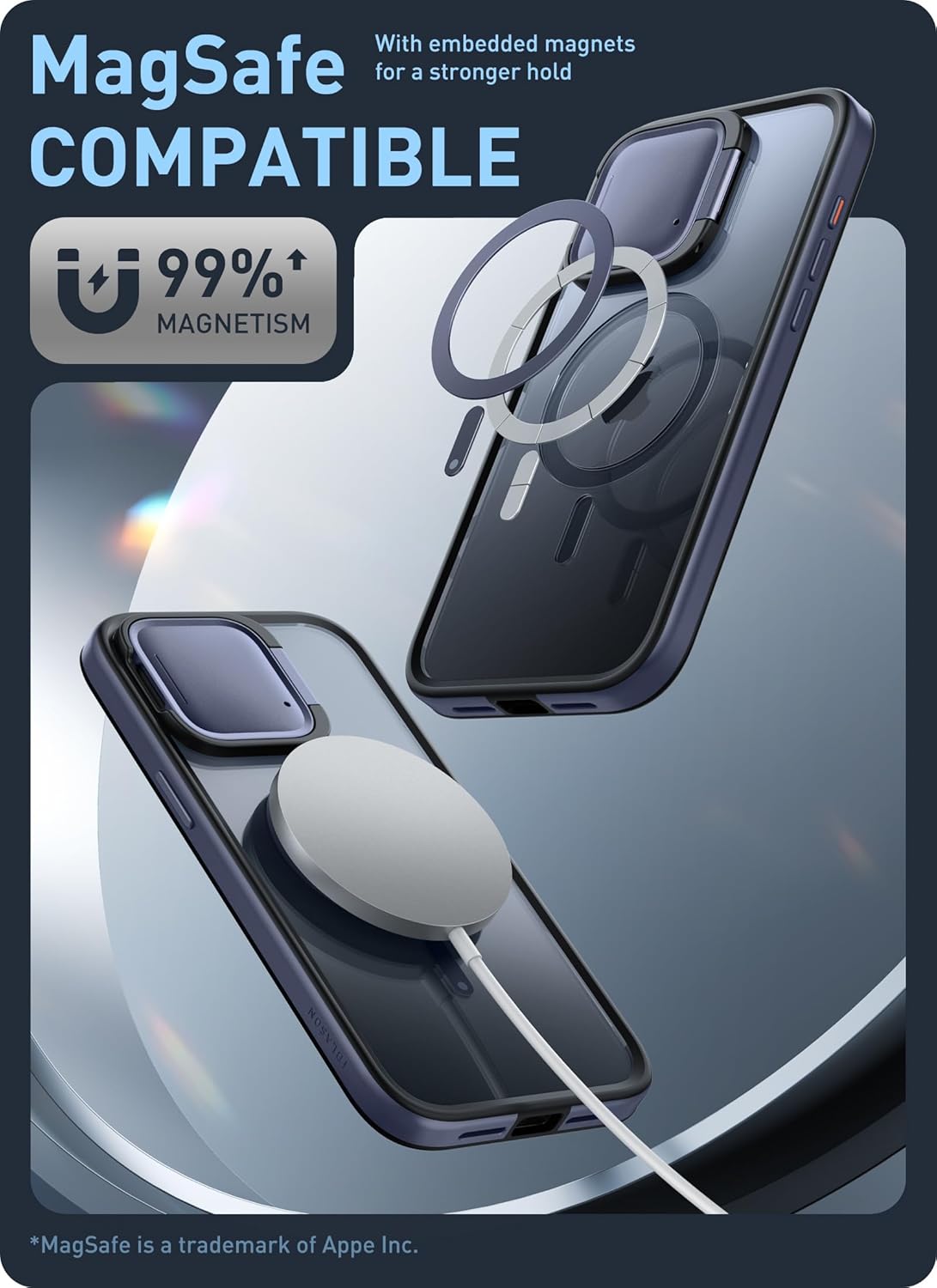 i-Blason Magnetic for iPhone 15 Pro Max Case with Camera Cover Stand [MagSafe Compatible] [Military-Grade Protection] Clear Full-Body Rugged Bumper Case with Built-in Screen Protector (Blue)