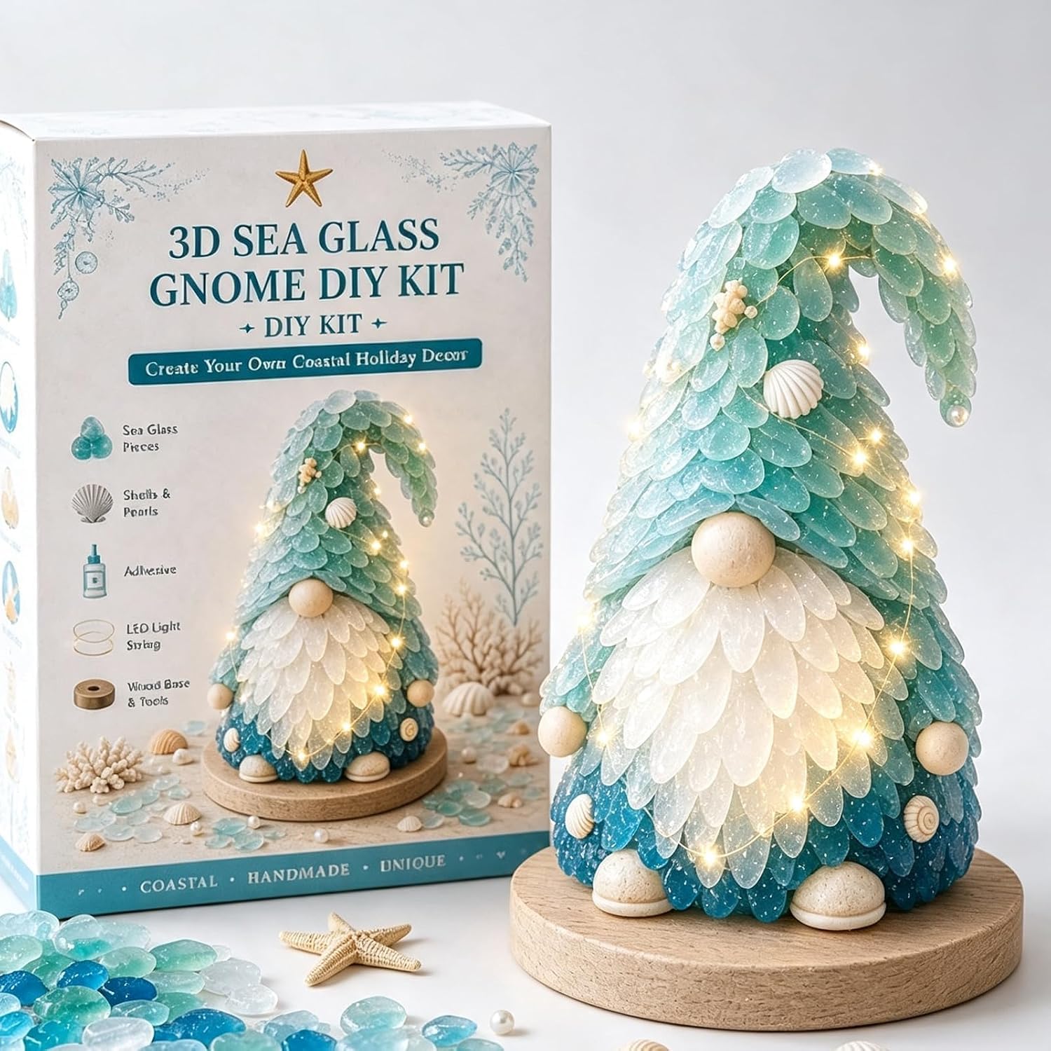 Sea Glass Art Kit, DIY Mosaic Craft Kit with Shells & Pearls，Gnome